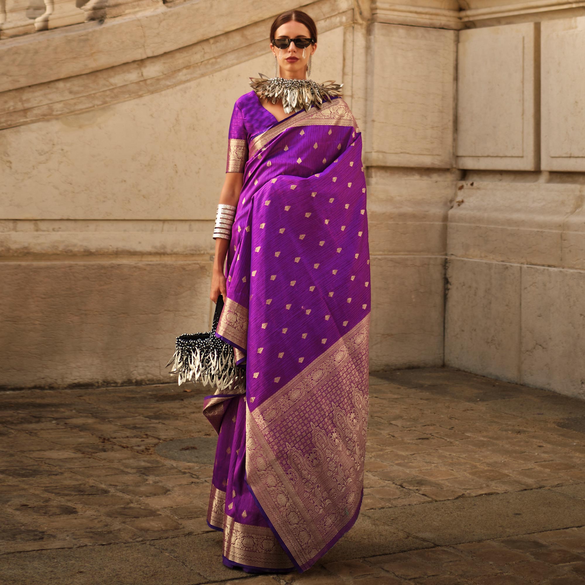 Purple Floral Woven Khaadi Silk Saree