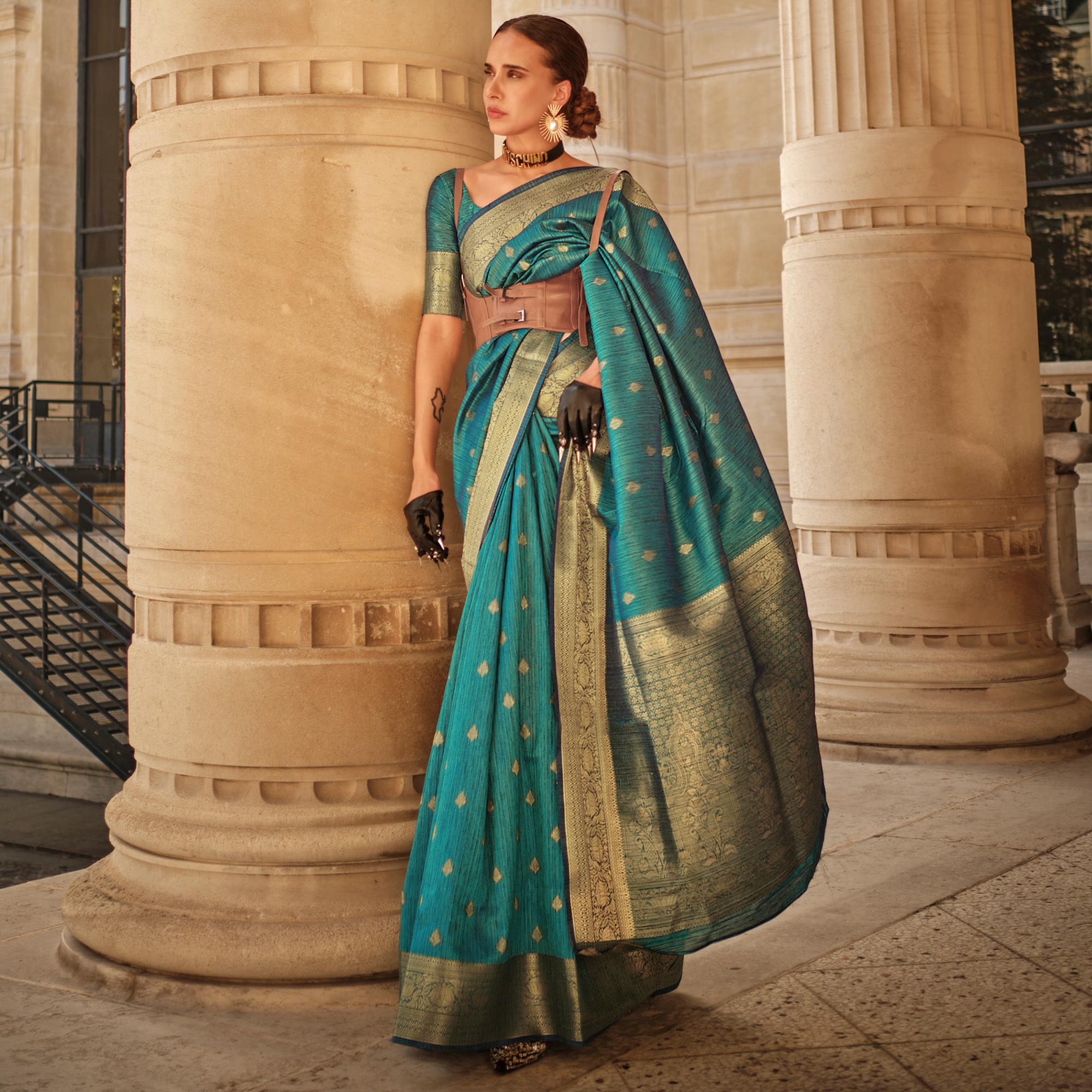 Rama Green Floral Woven Khaadi Silk Saree