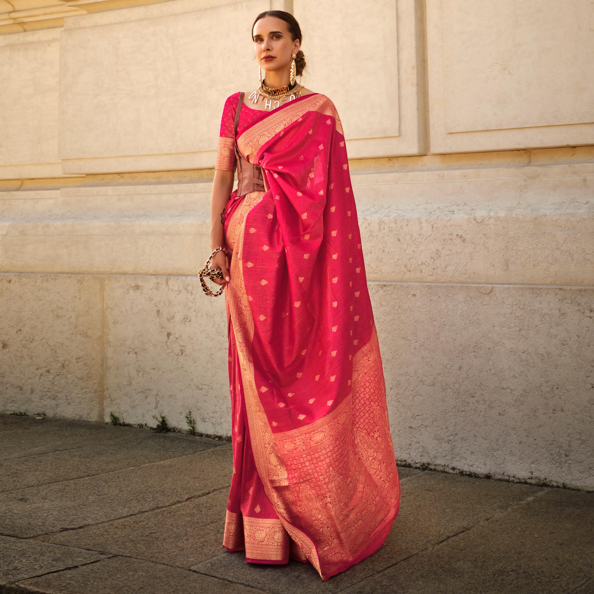 Coral Floral Woven Khaadi Silk Saree