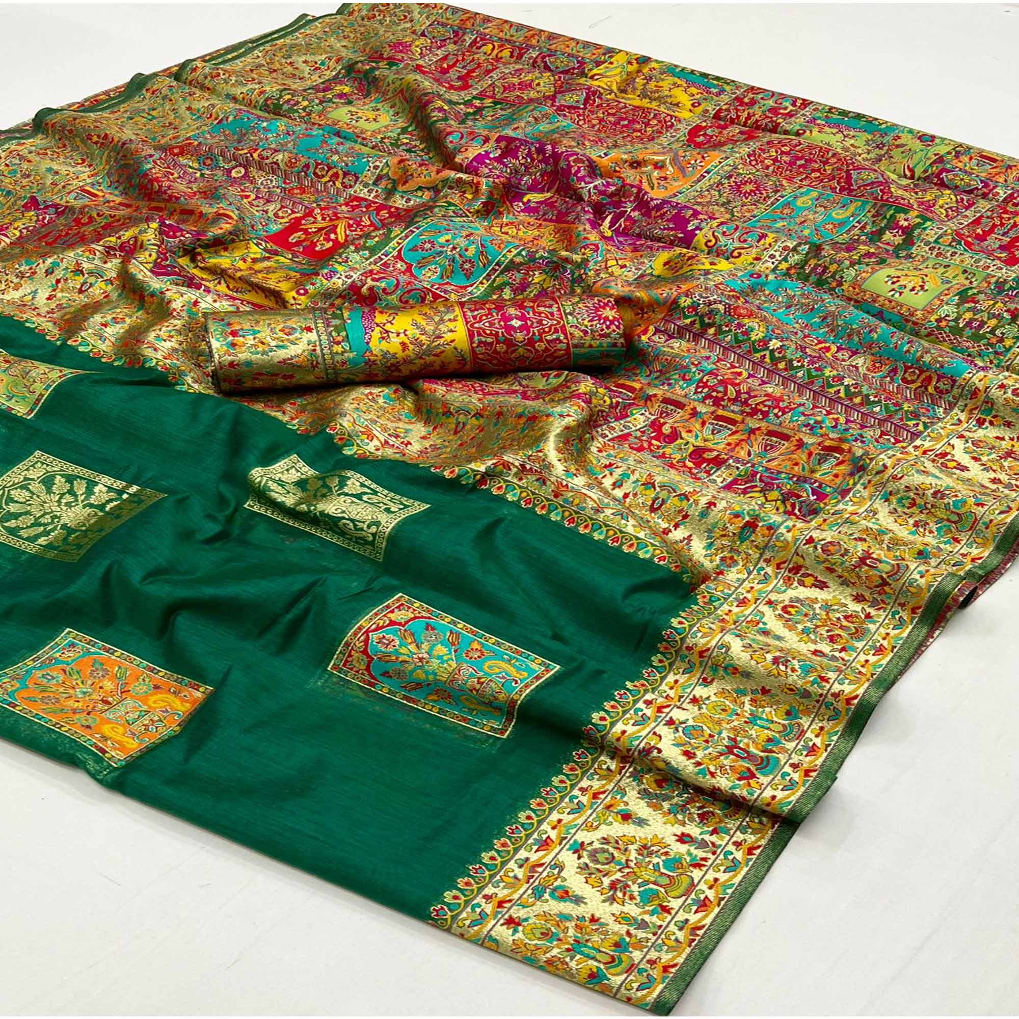 Dark Green Floral Embroidered Woven Chanderi Silk Saree