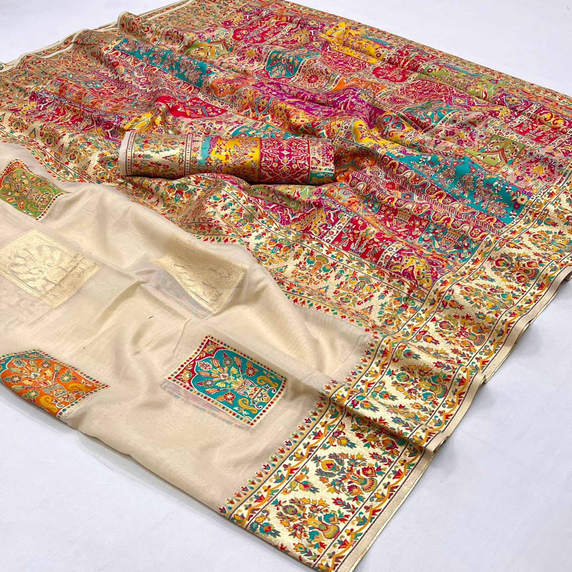Off White Floral Embroidered Woven Chanderi Silk Saree