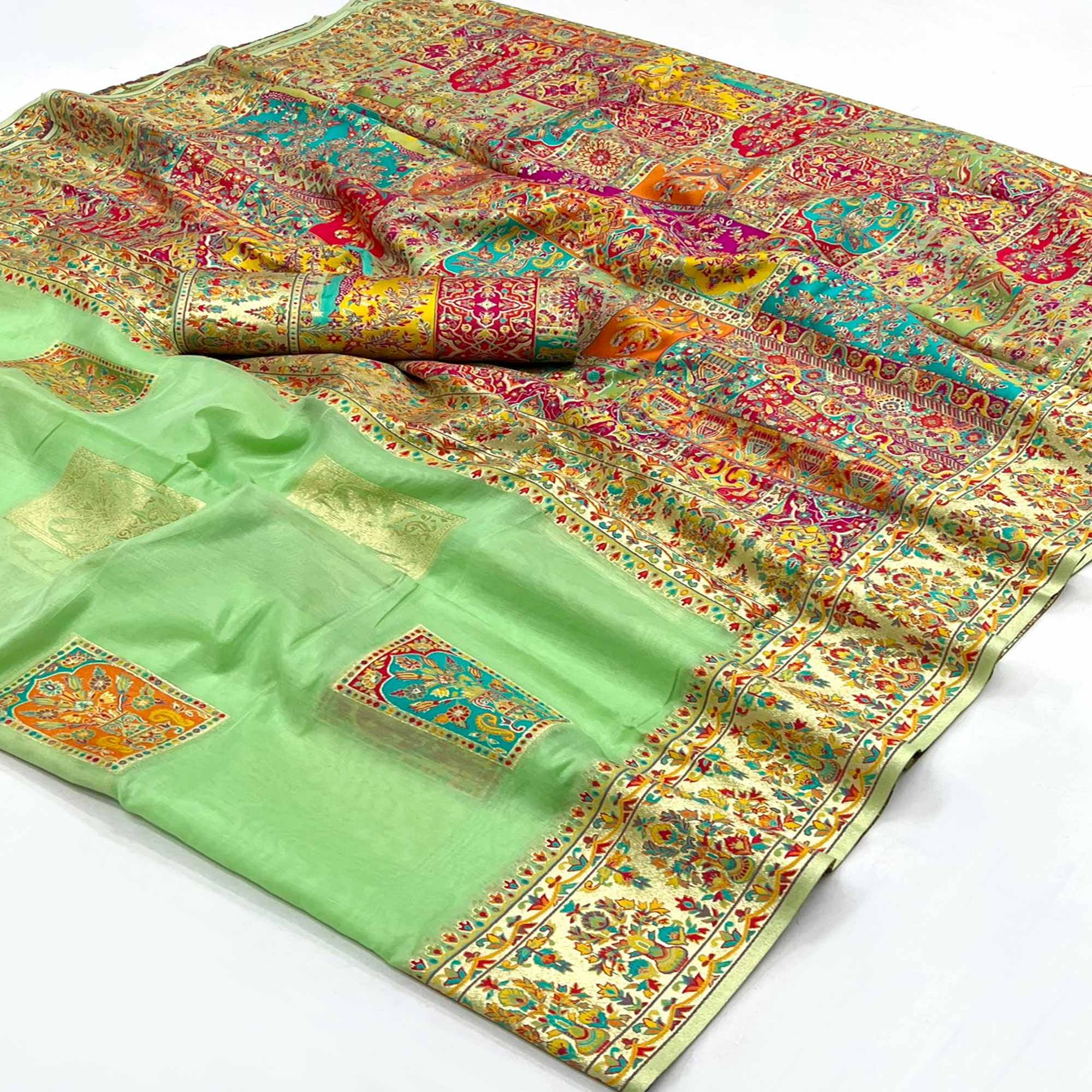 Light Green Floral Embroidered Woven Chanderi Silk Saree