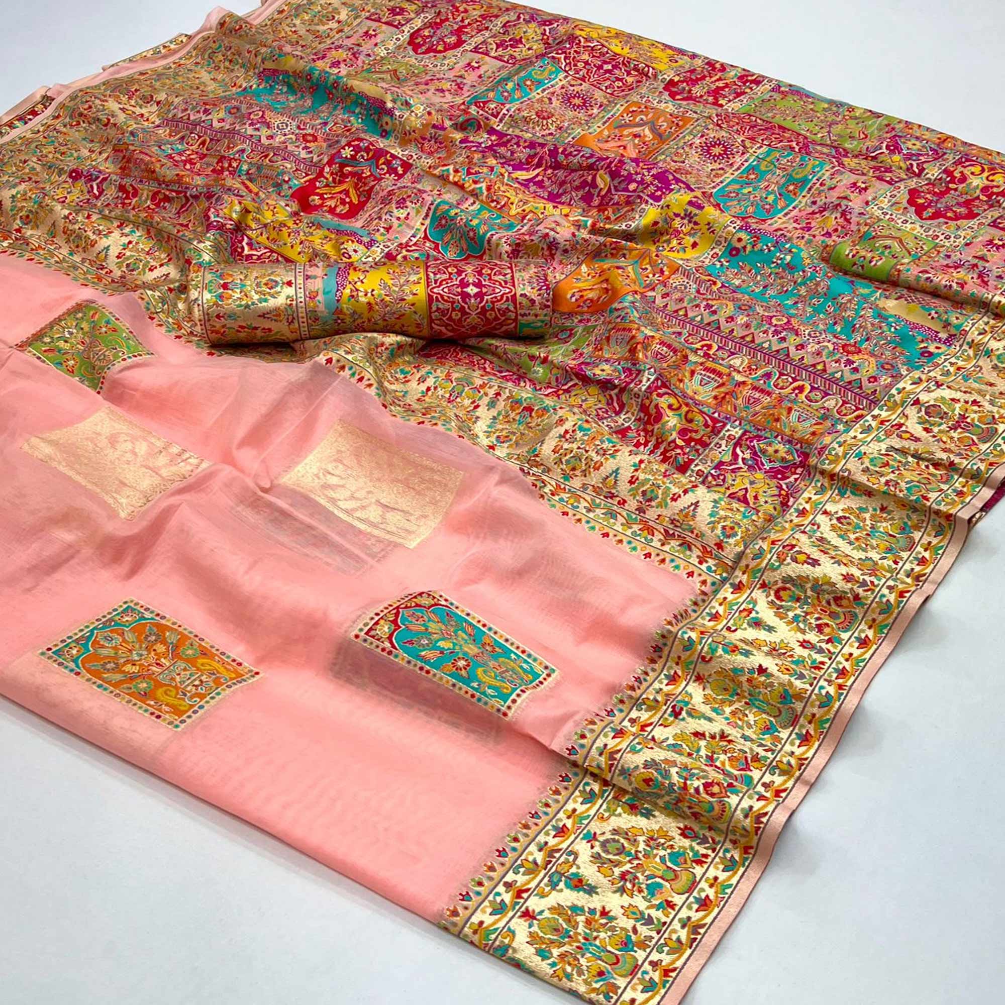 Peach Floral Embroidered Woven Chanderi Silk Saree