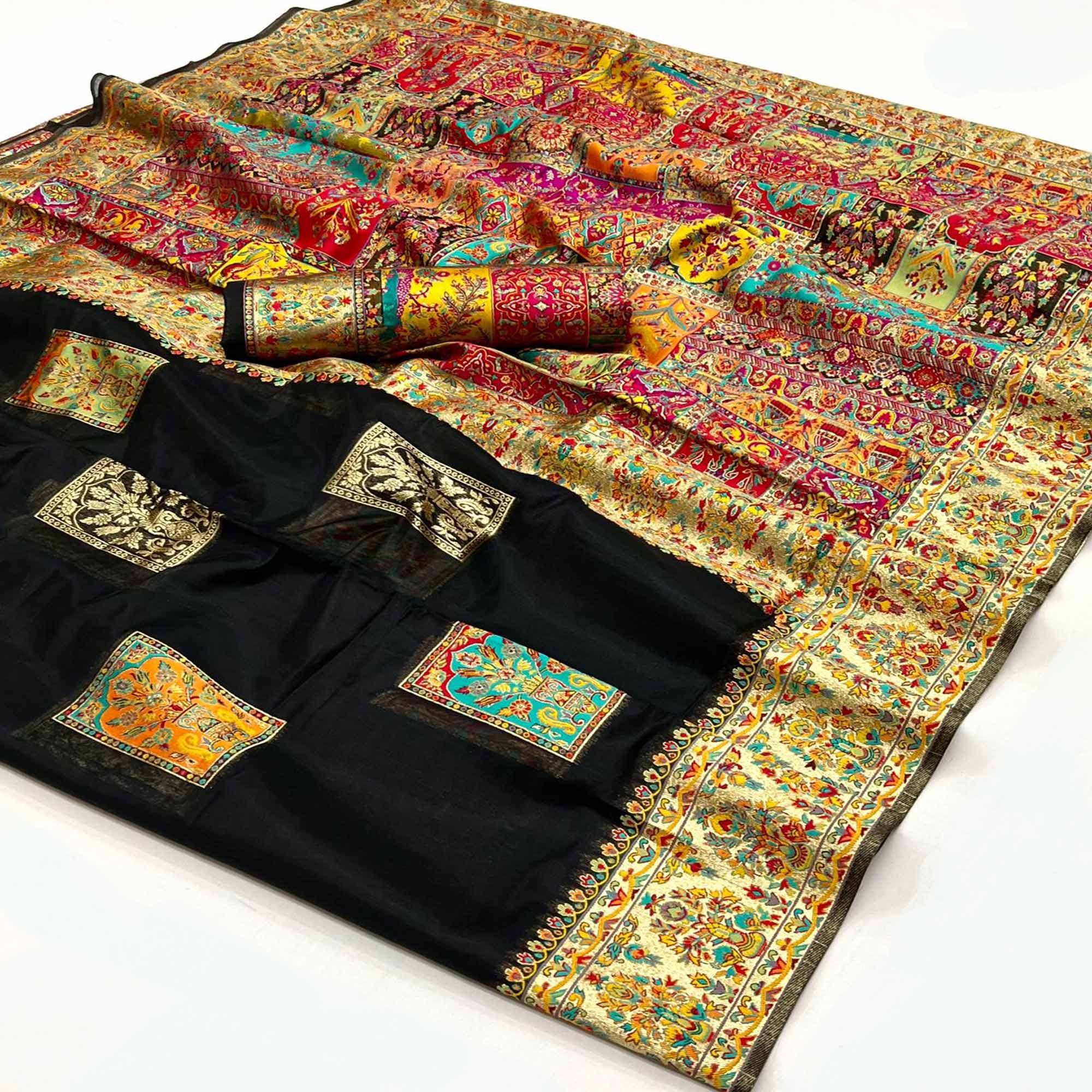 Black Floral Embroidered Woven Chanderi Silk Saree