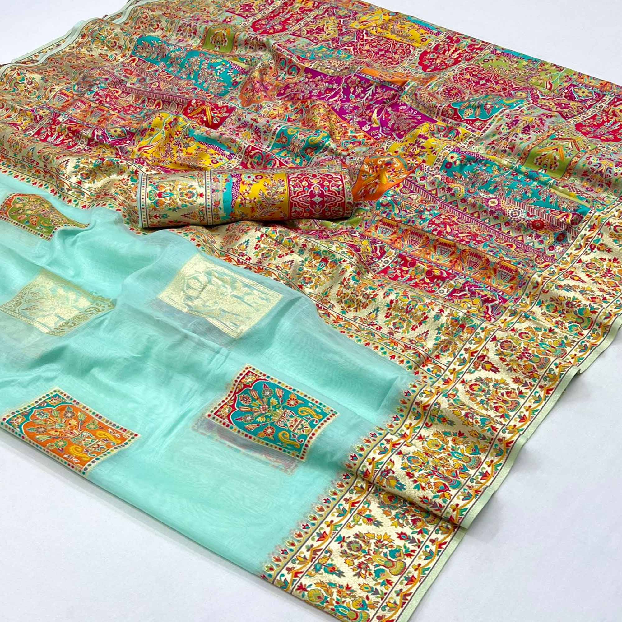 Light Turquoise Floral Embroidered Woven Chanderi Silk Saree