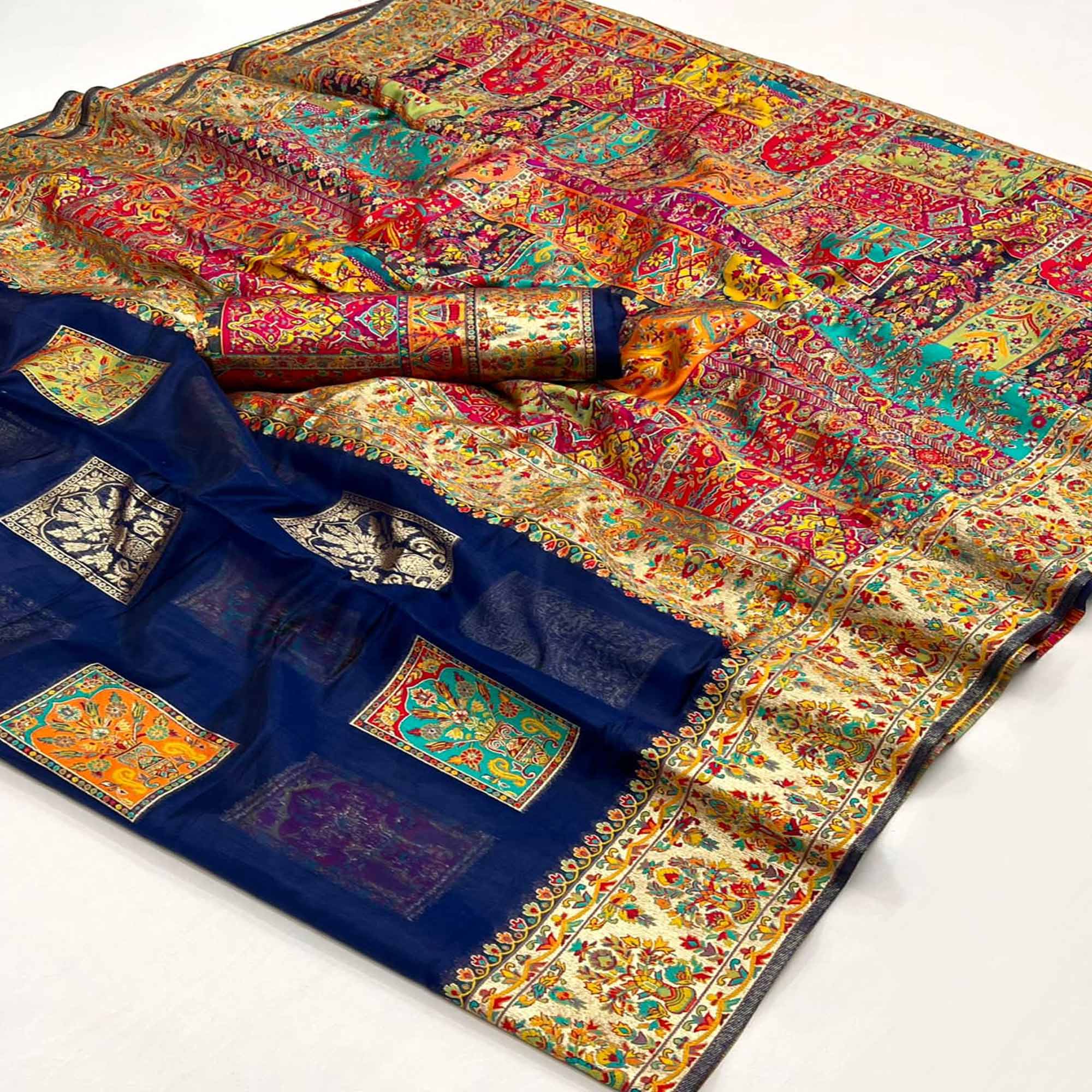 Navy Blue Floral Embroidered Woven Chanderi Silk Saree