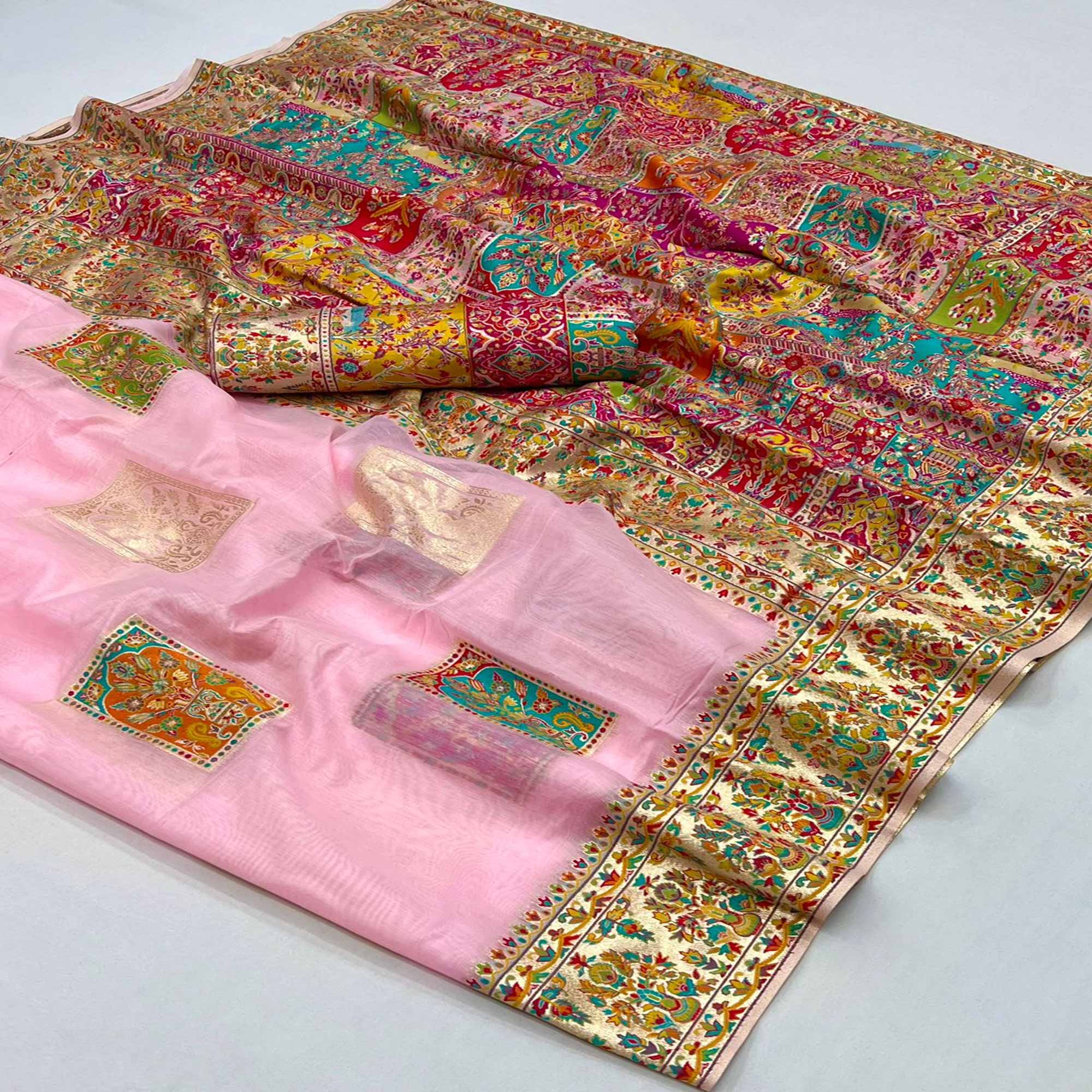 Pink Floral Embroidered Woven Chanderi Silk Saree