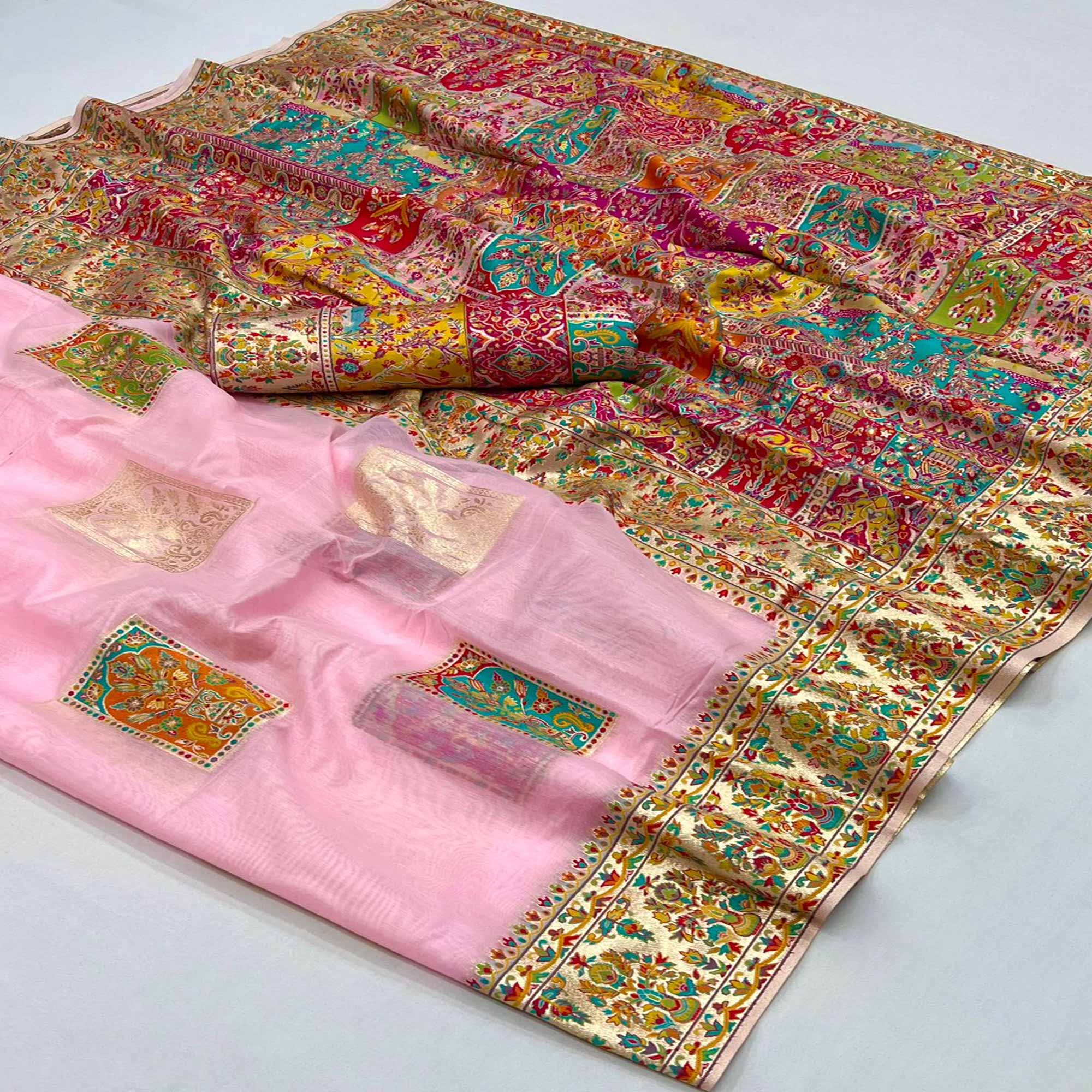 Pink Floral Embroidered Woven Chanderi Silk Saree