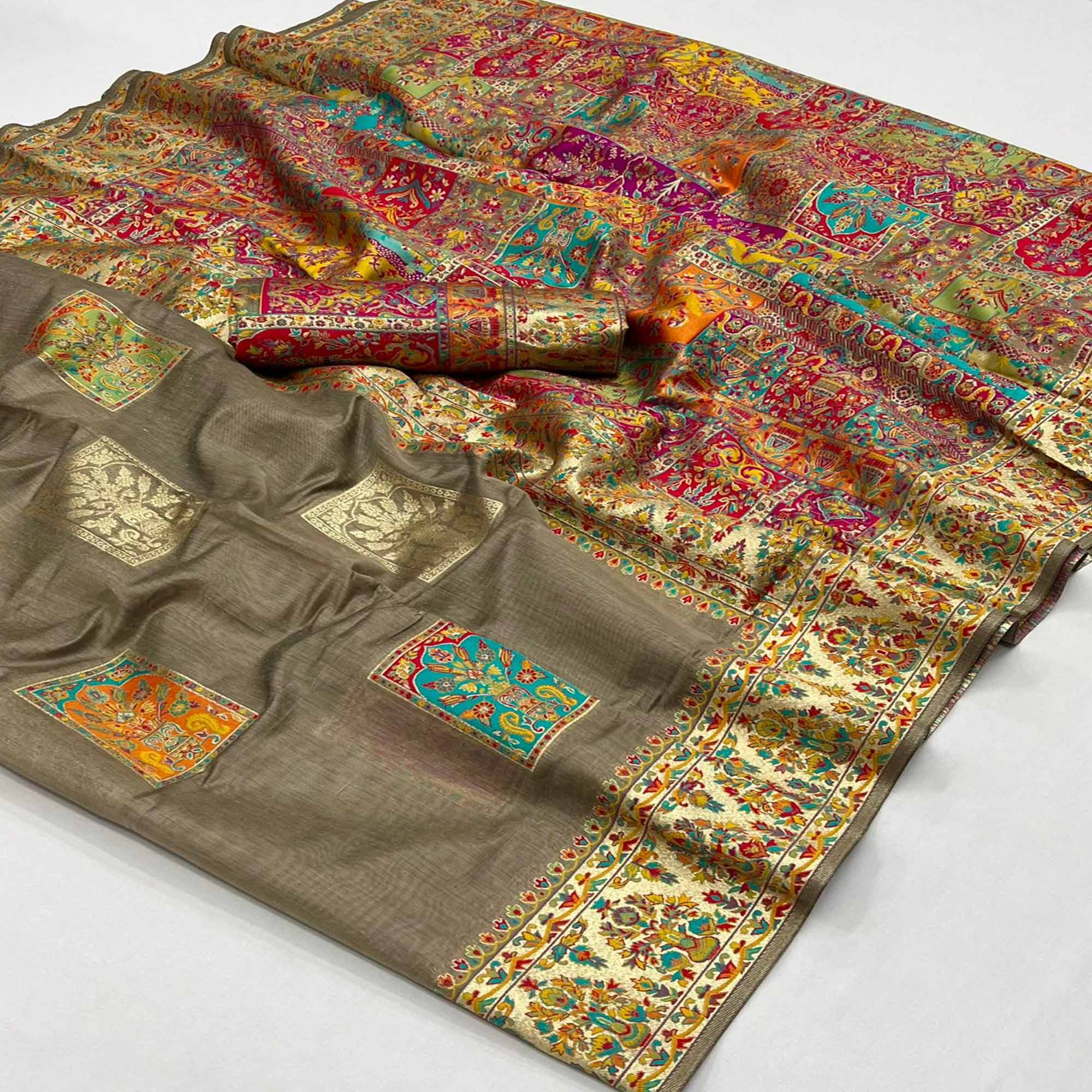 Brown Floral Embroidered Woven Chanderi Silk Saree
