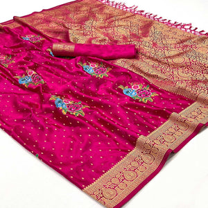 Pink Floral Woven Satin Saree With Tassels