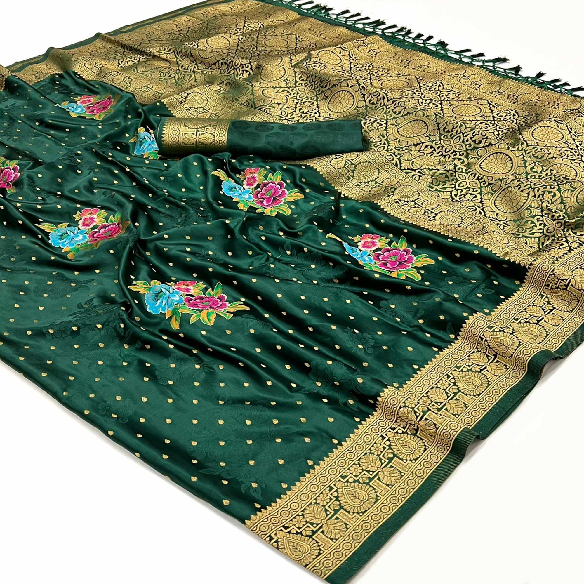 Green Floral Woven Satin Saree With Tassels