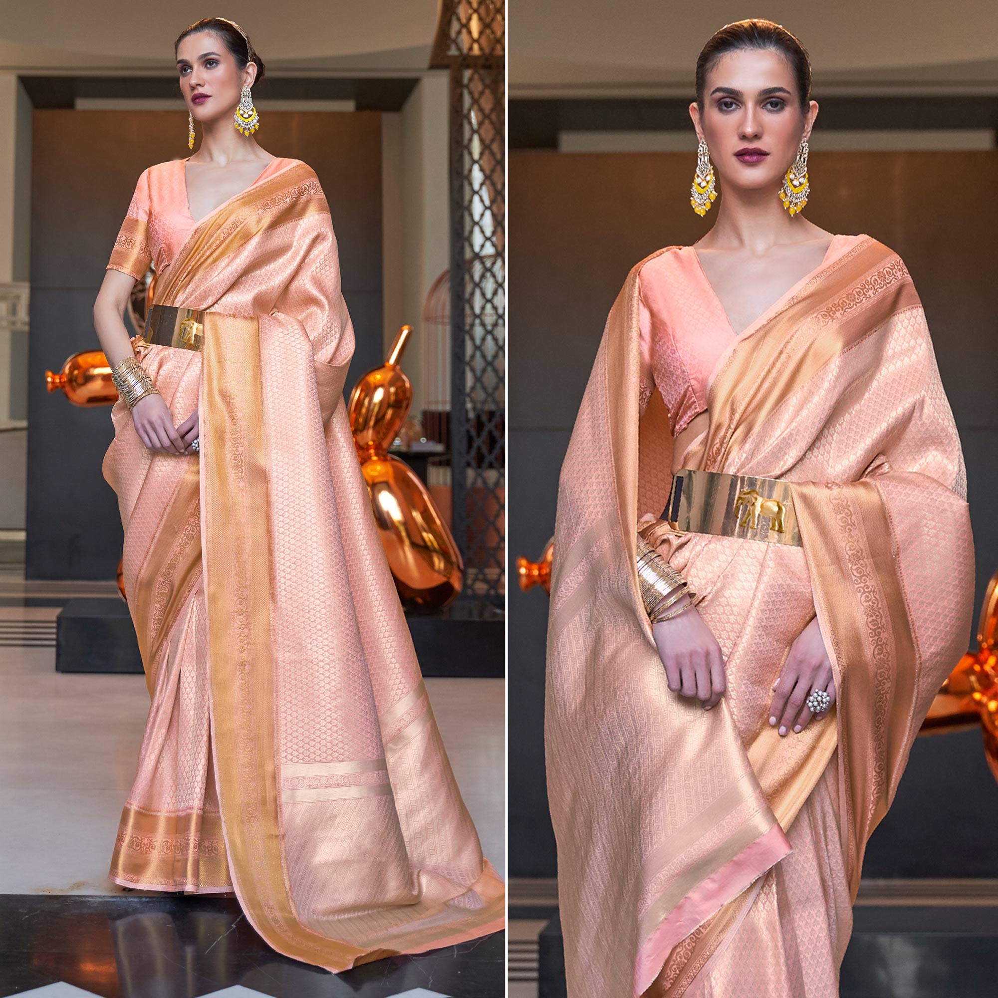 Peach Woven Art Silk Saree