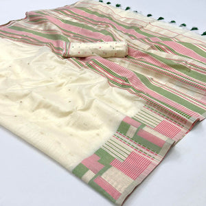 Cream Woven Cotton Silk Saree With Tassels