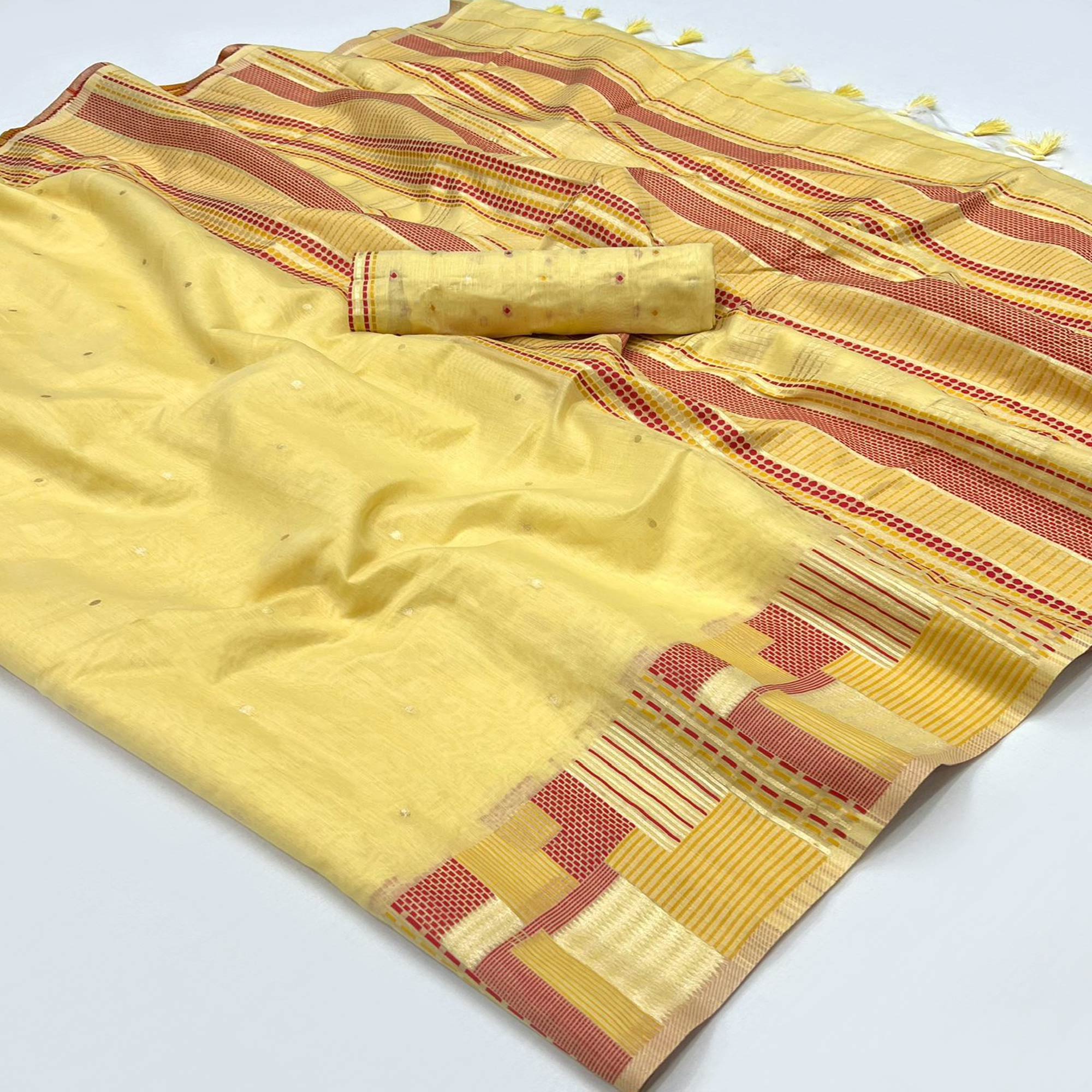 Yellow Woven Cotton Silk Saree With Tassels