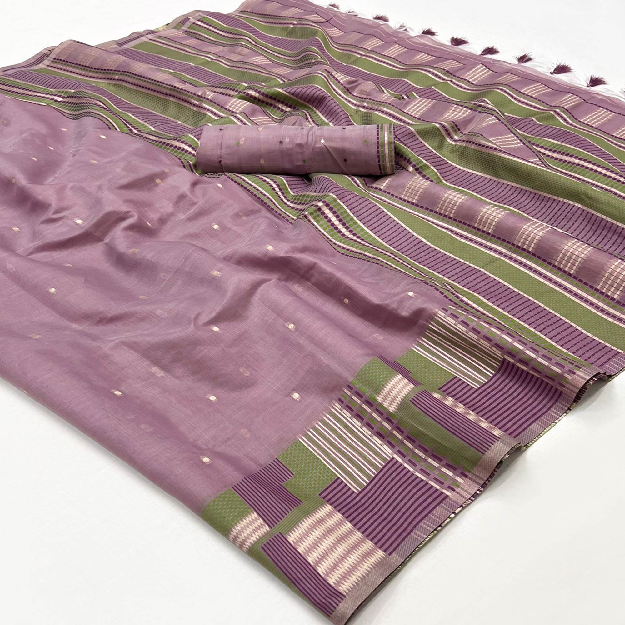 Mauve Woven Cotton Silk Saree With Tassels