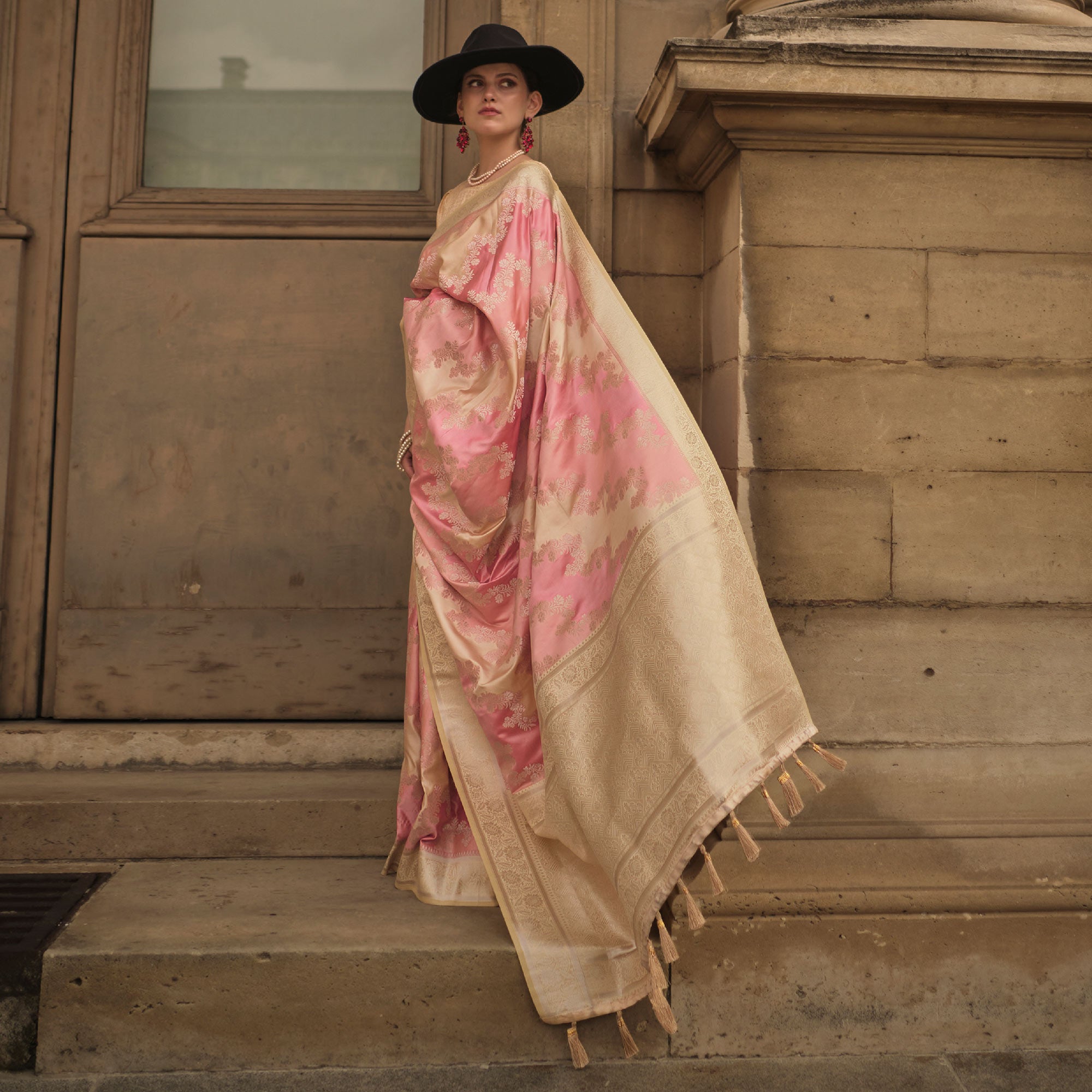 Off White Floral Woven Satin Saree With Tassels