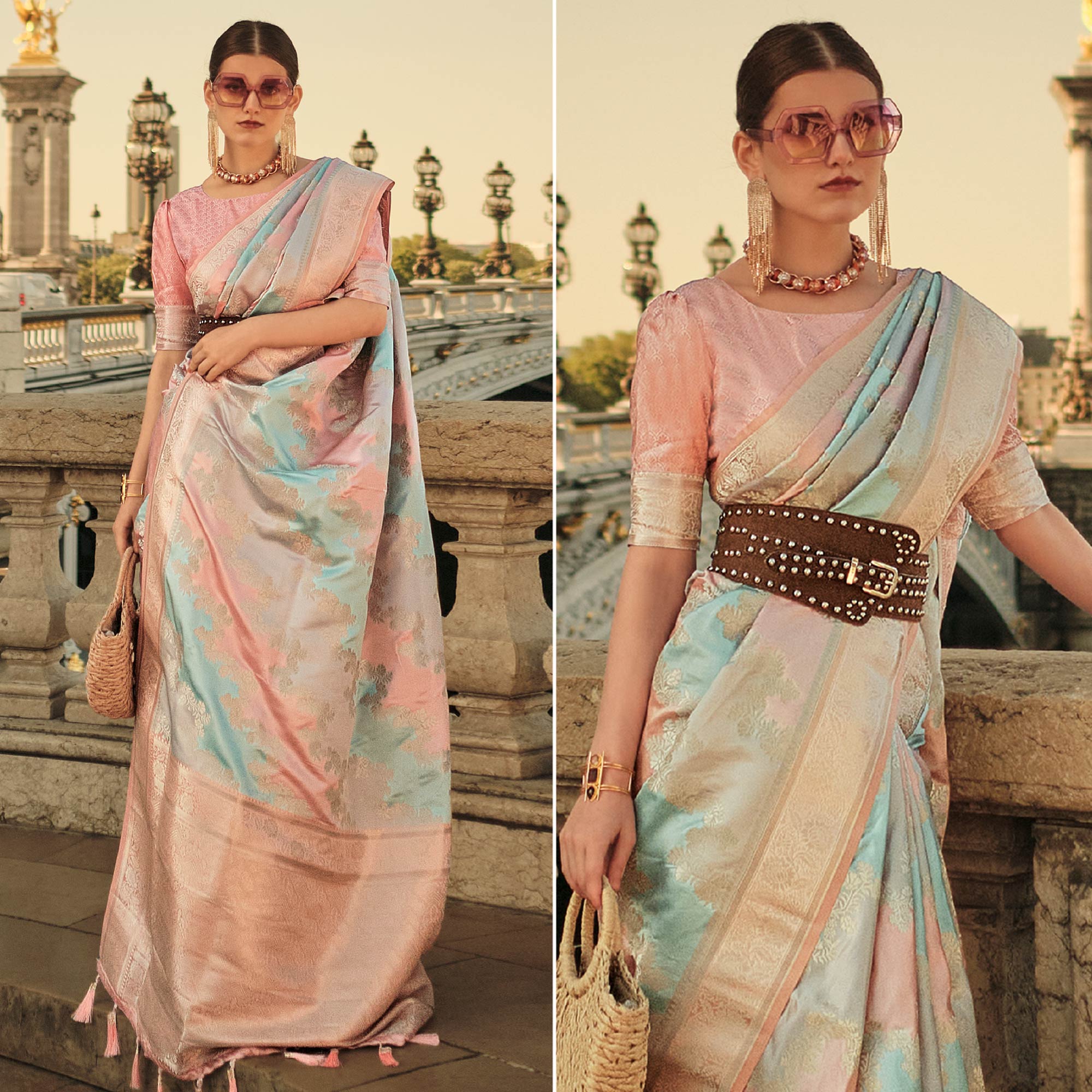 ⁠Peach Floral Woven Satin Saree With Tassels