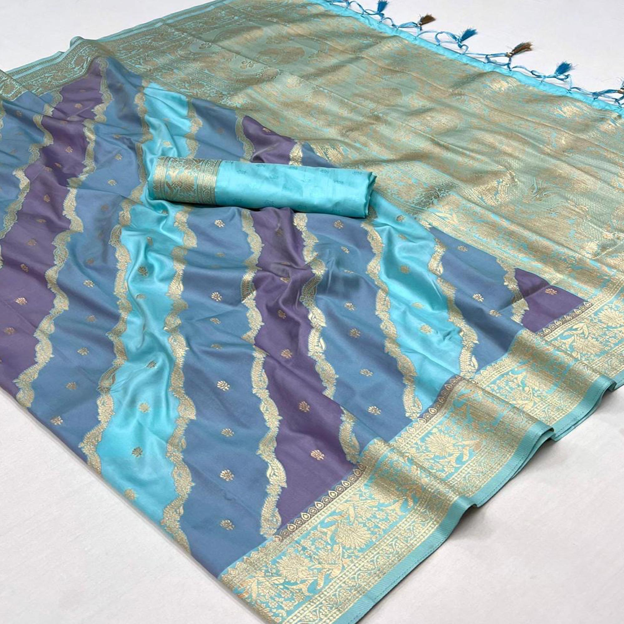 Blue Zari Work Woven Mulberry Silk Saree