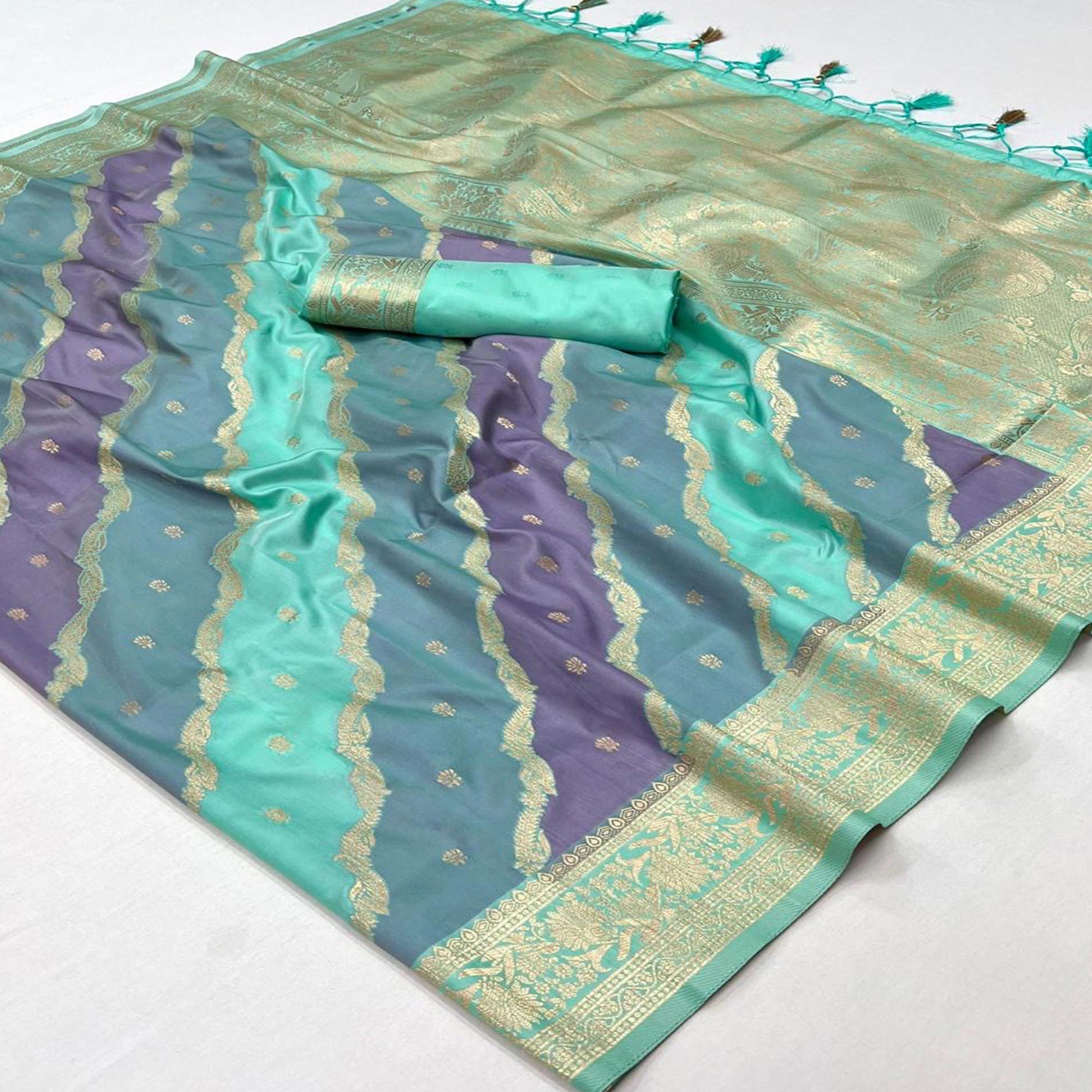 Turquoise Zari Work Woven Mulberry Silk Saree