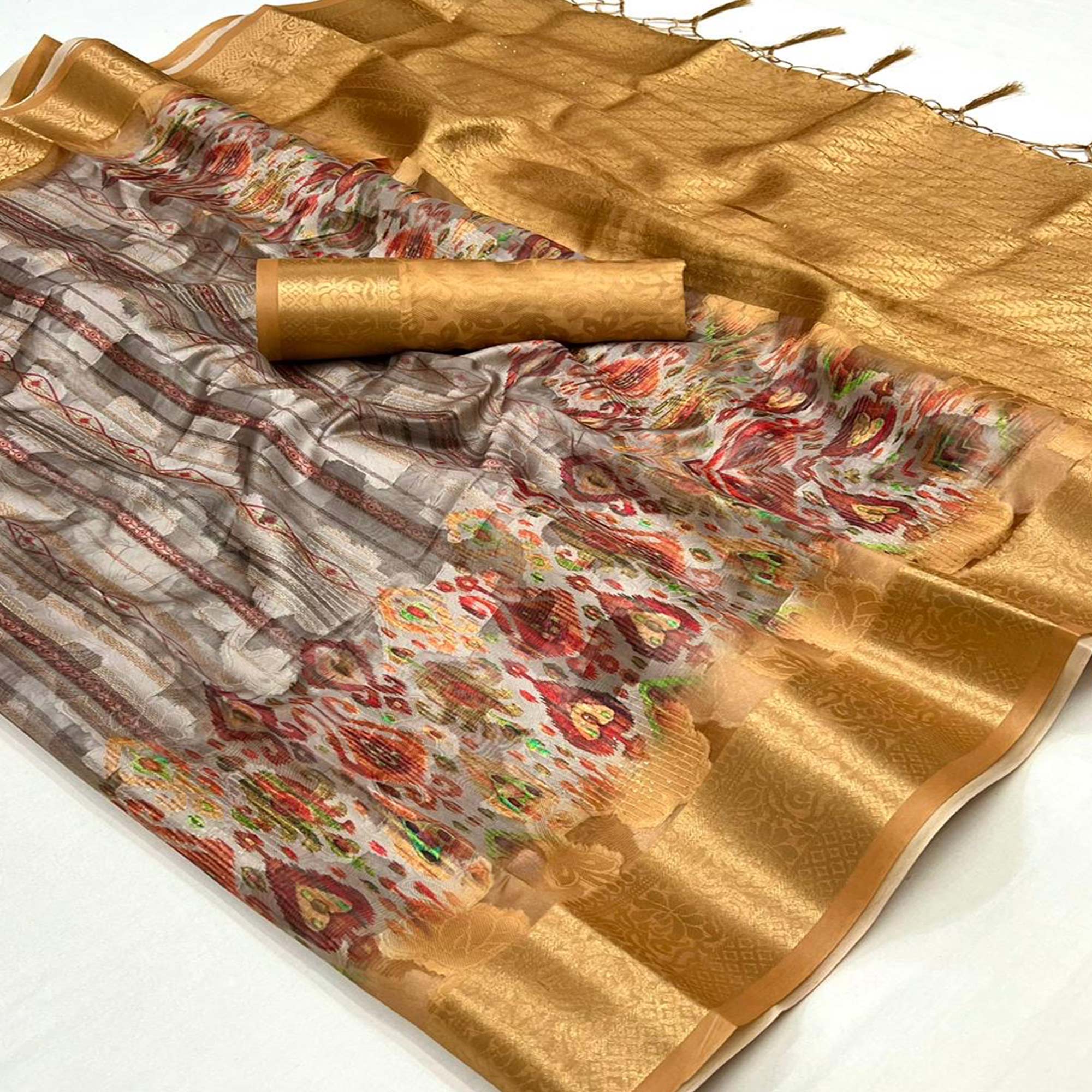 Grey Floral Printed Brasso Saree With Tassels