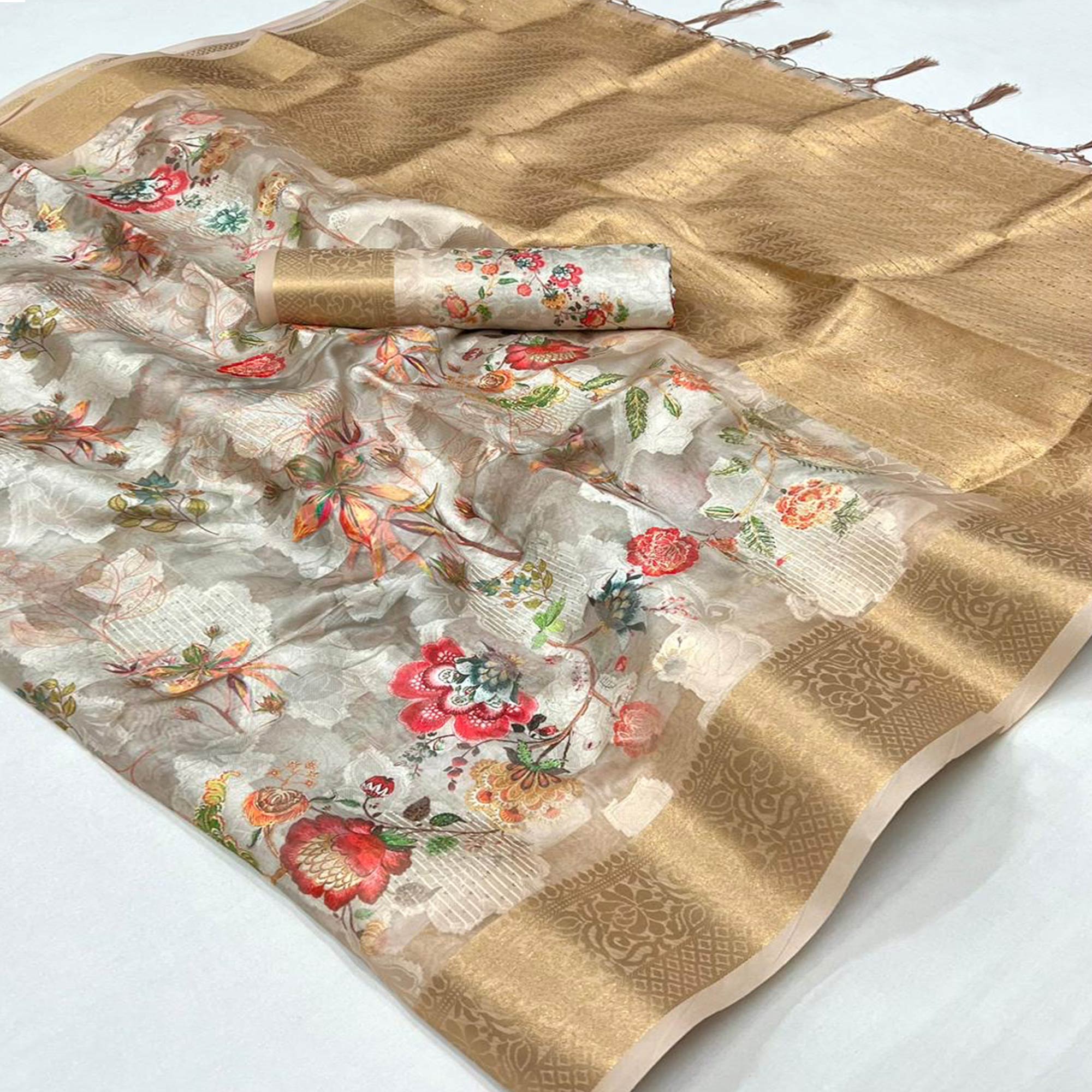 Beige Floral Woven Brasso Saree With Tassels