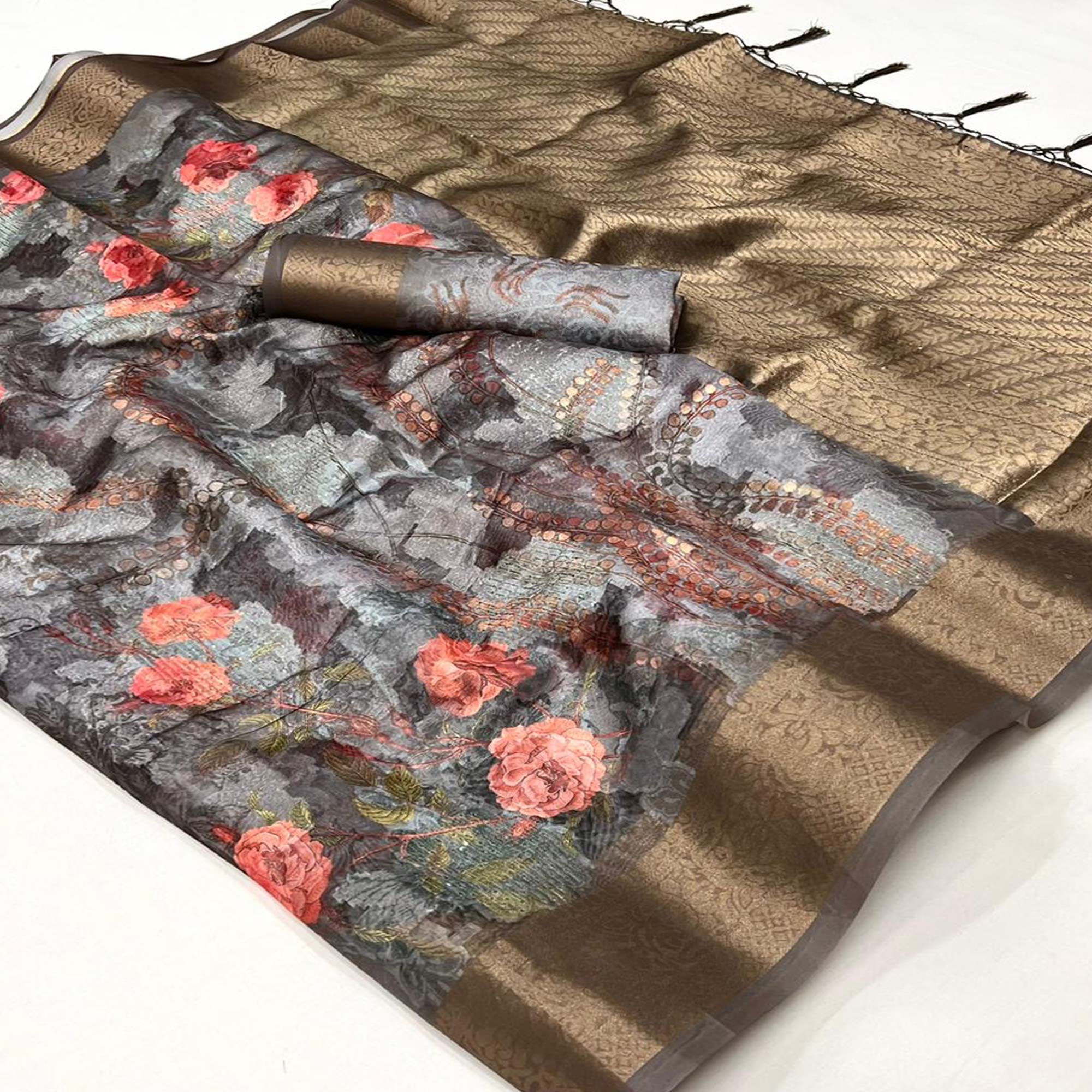 Grey Floral Woven Brasso Saree With Tassels
