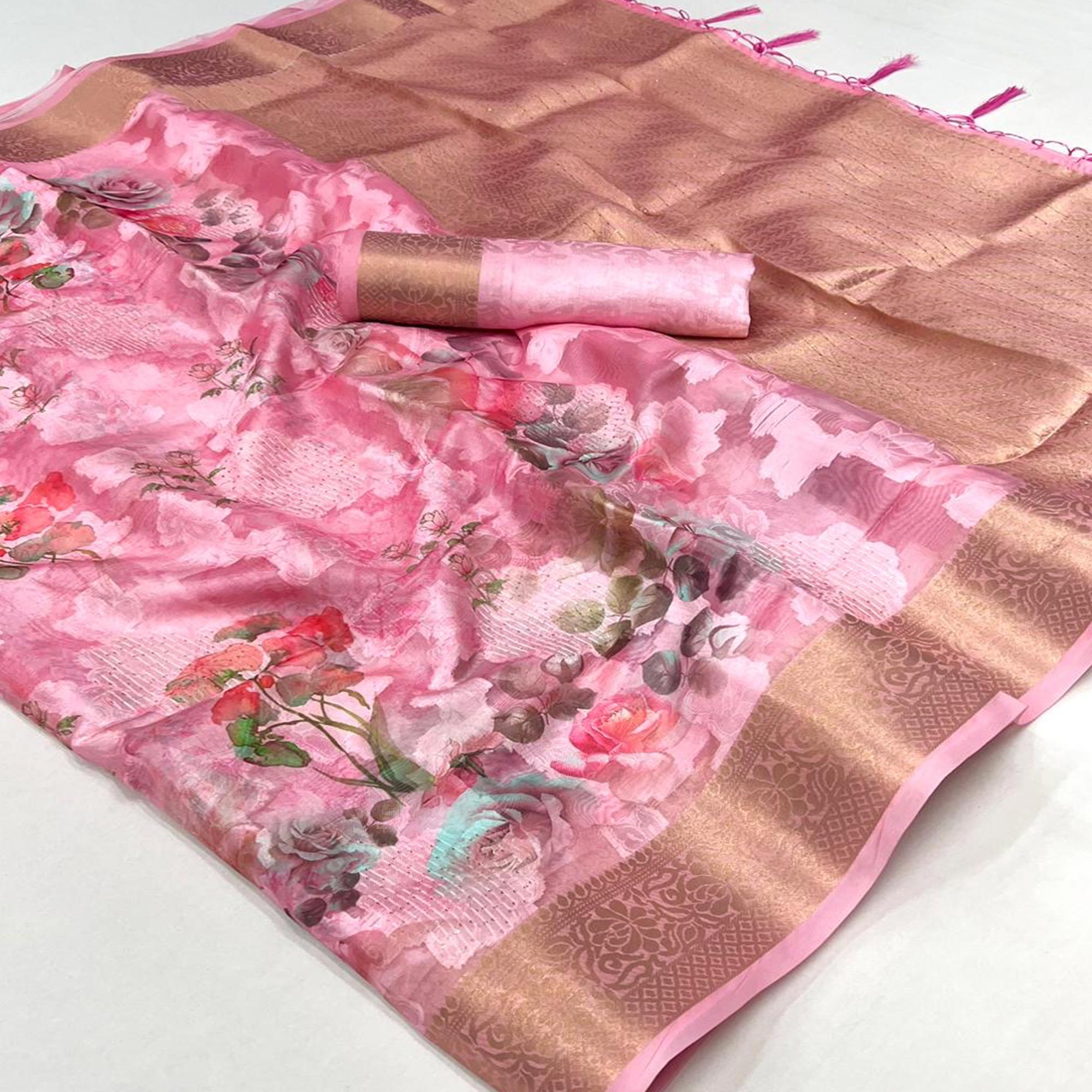 Pink Floral Woven Brasso Saree With Tassels