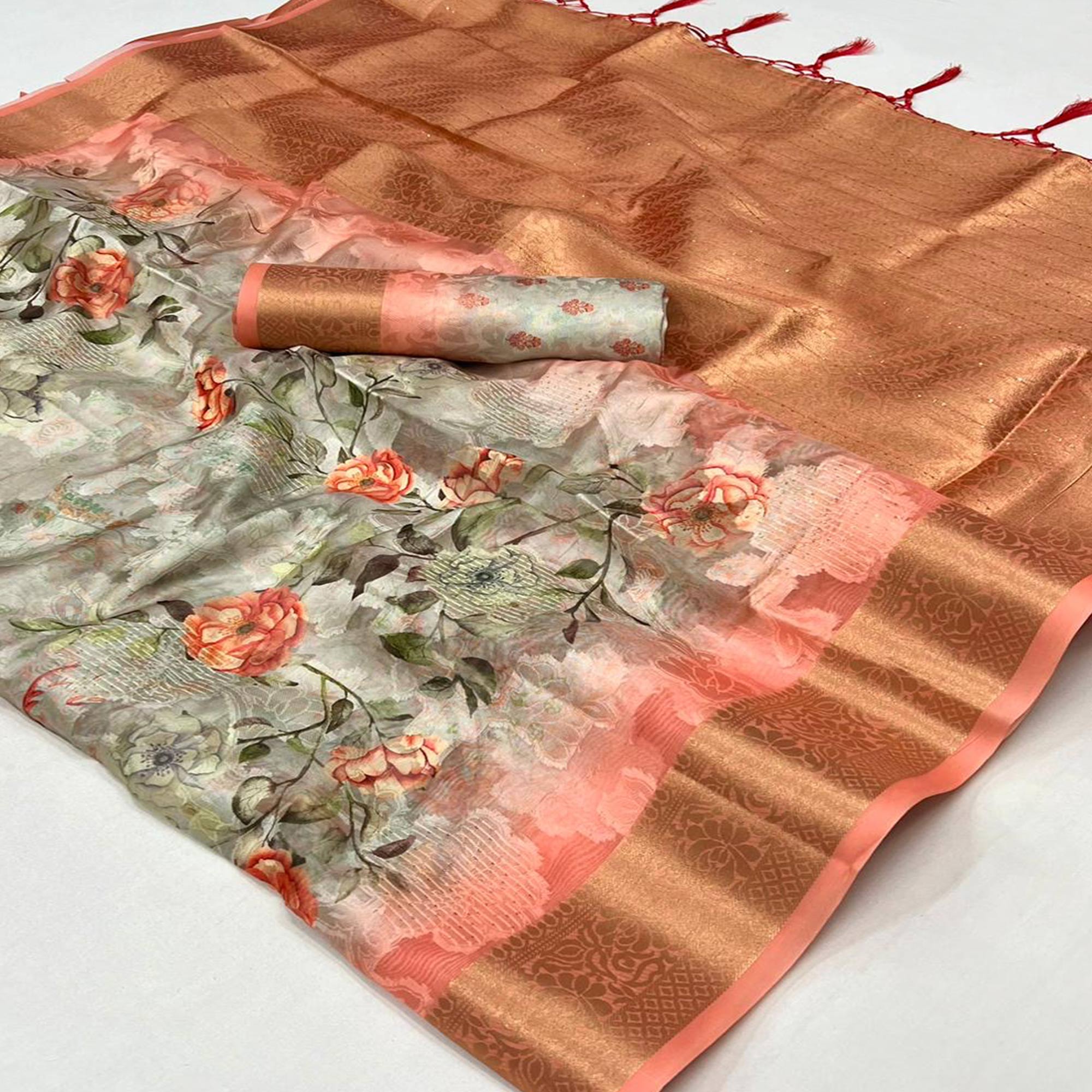 Beige Floral Woven Brasso Saree With Tassels