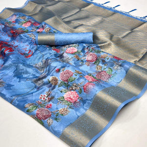 Blue Floral Woven Brasso Saree With Tassels