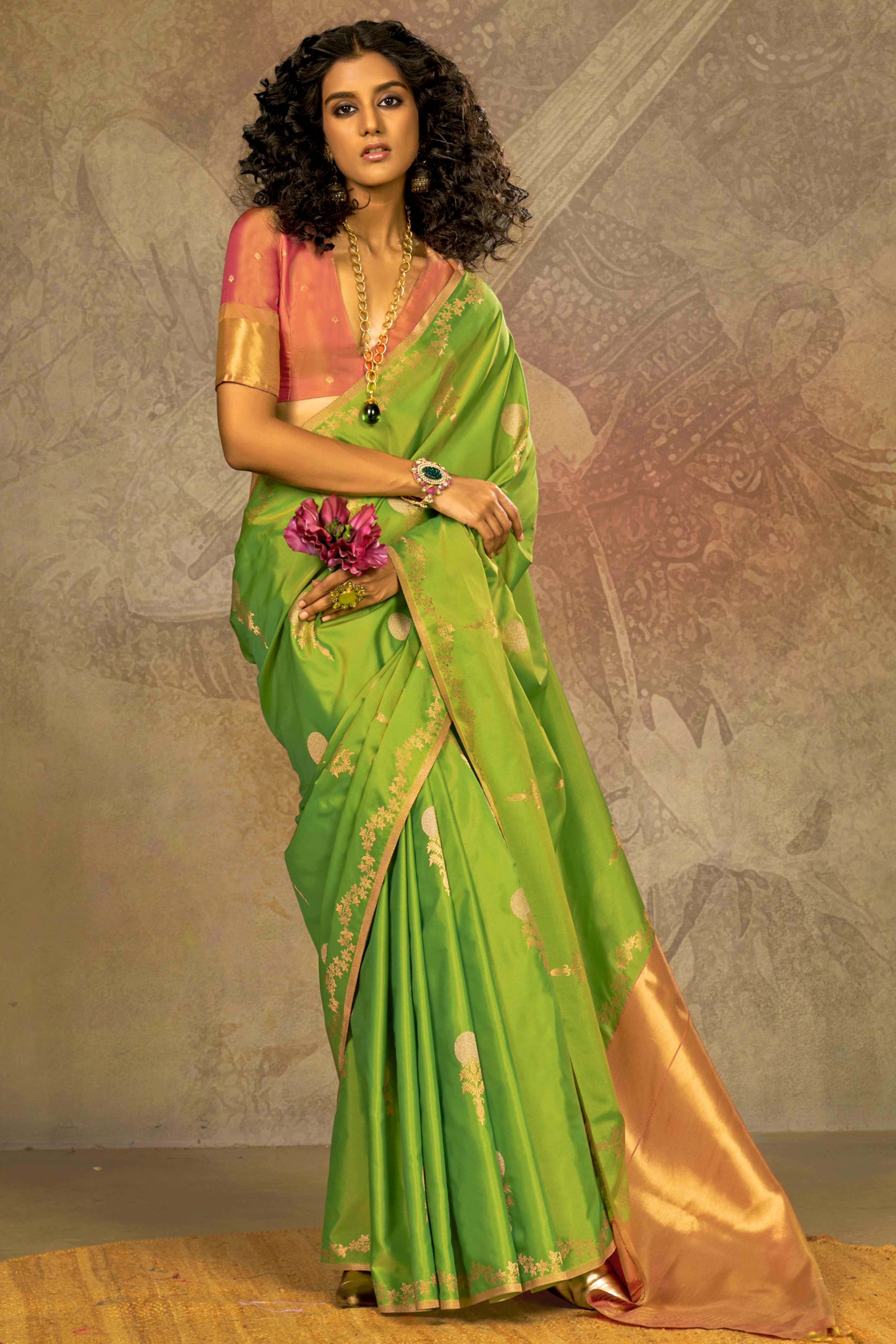 Green Banarasi Silk Saree with Floral Zari Weaving