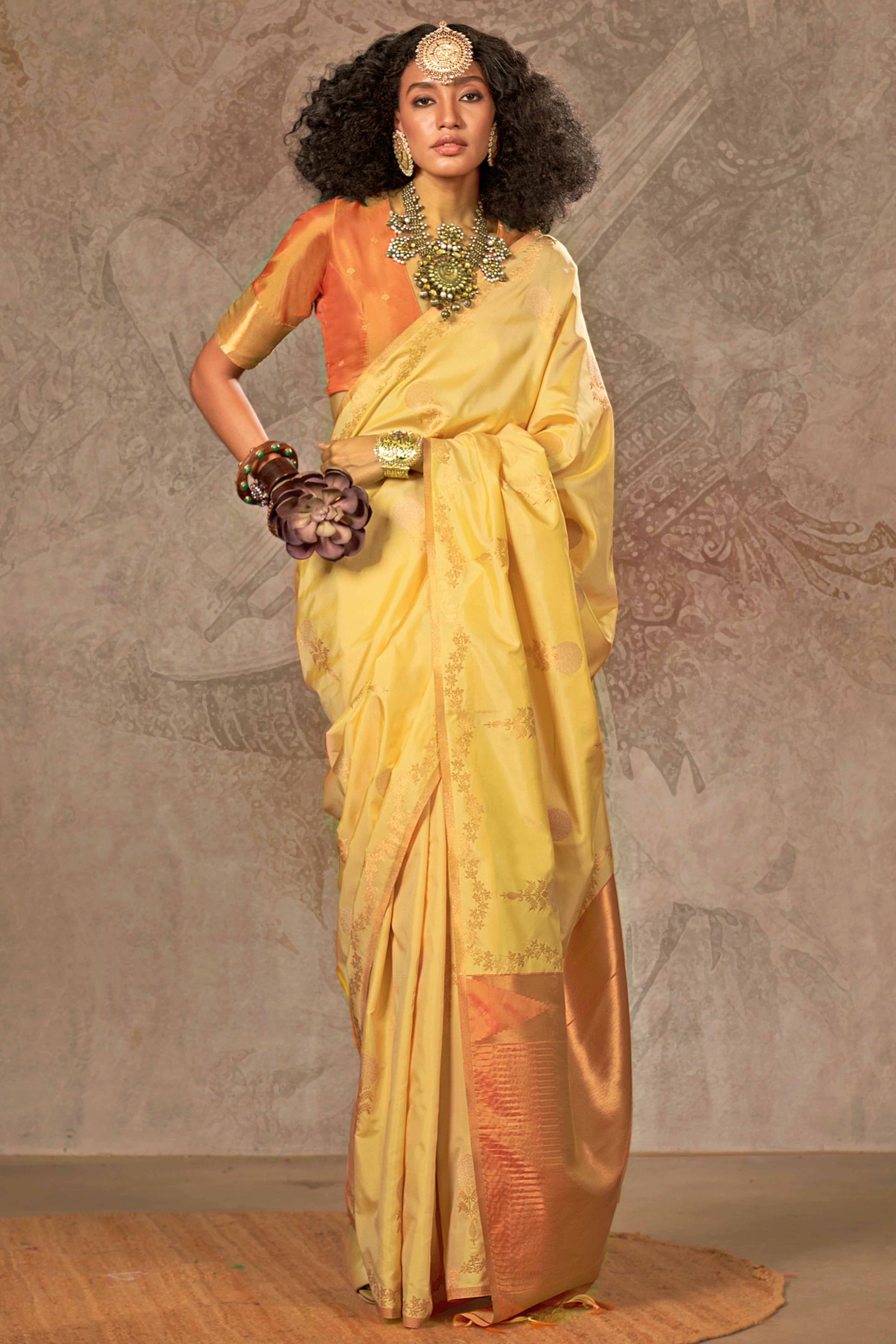Yellow Banarasi Silk Saree with Floral Zari Weaving
