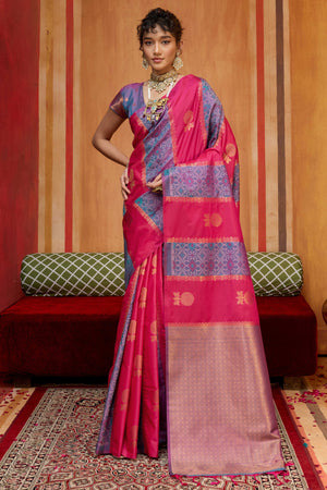 Classic Pink Floral Handloom Weaving Art Silk Saree With Statement Tassel Pallu