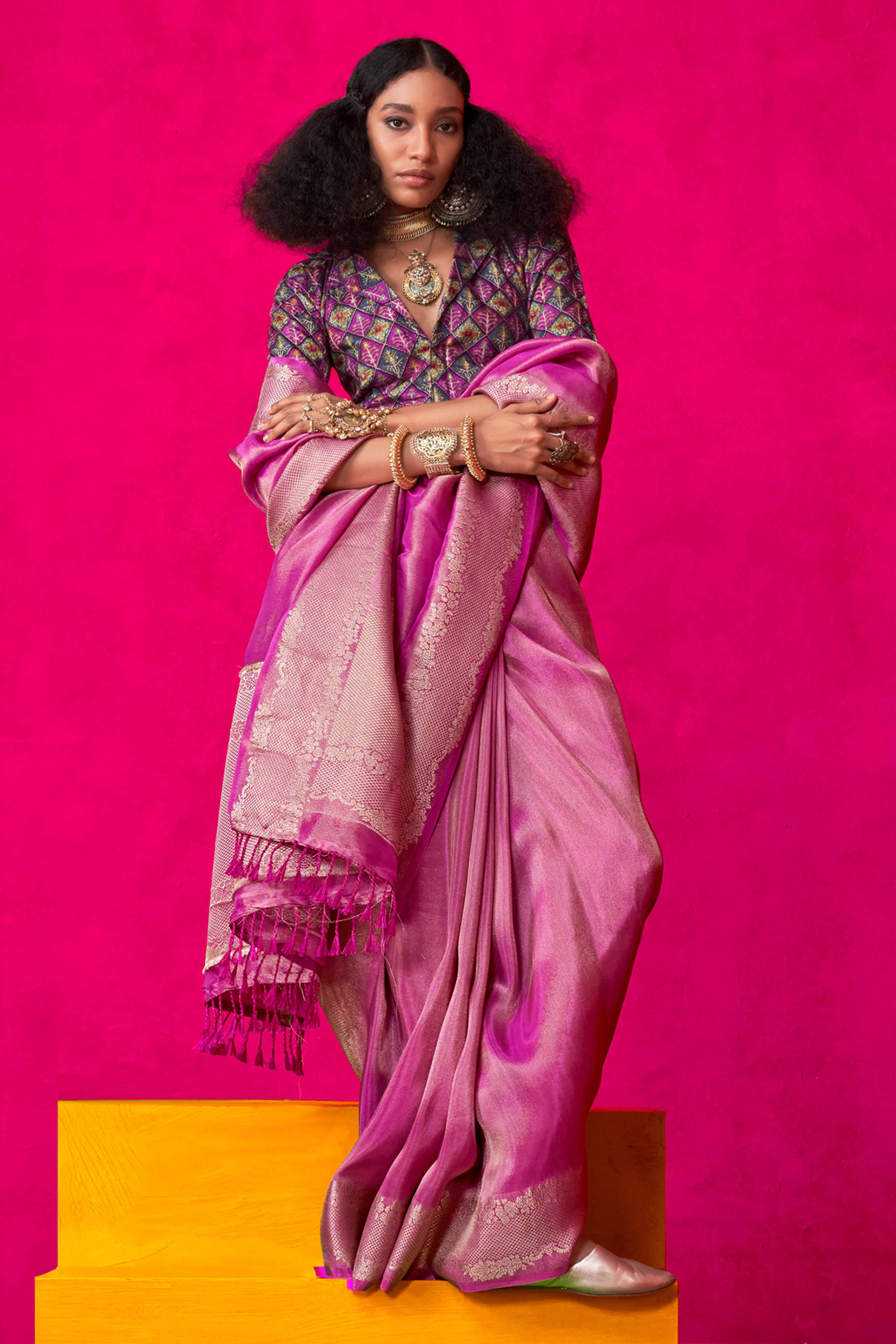 Pink Tissue Saree Adorned with Zari Weaving Border