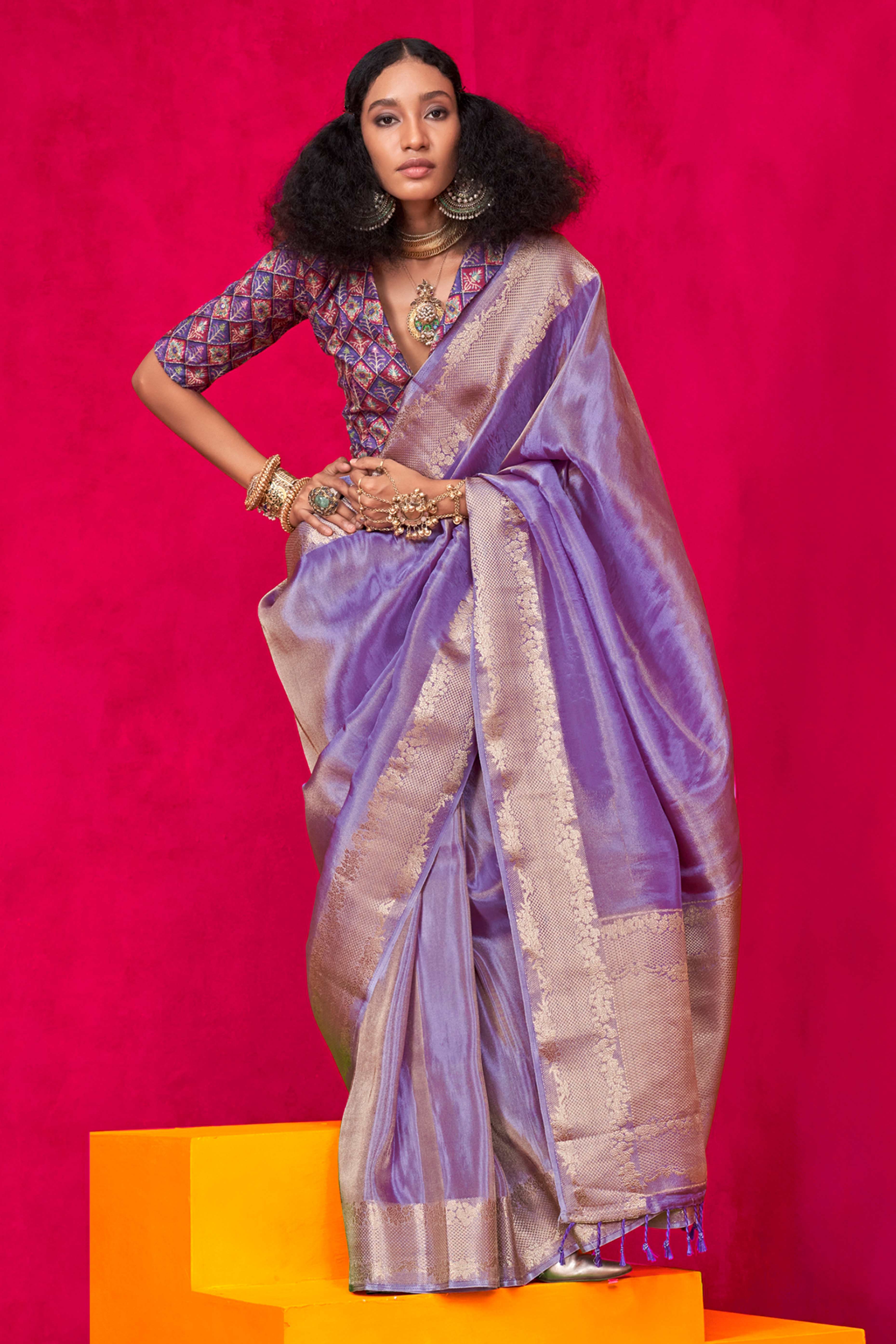 Purple Tissue Saree Adorned with Zari Weaving Border