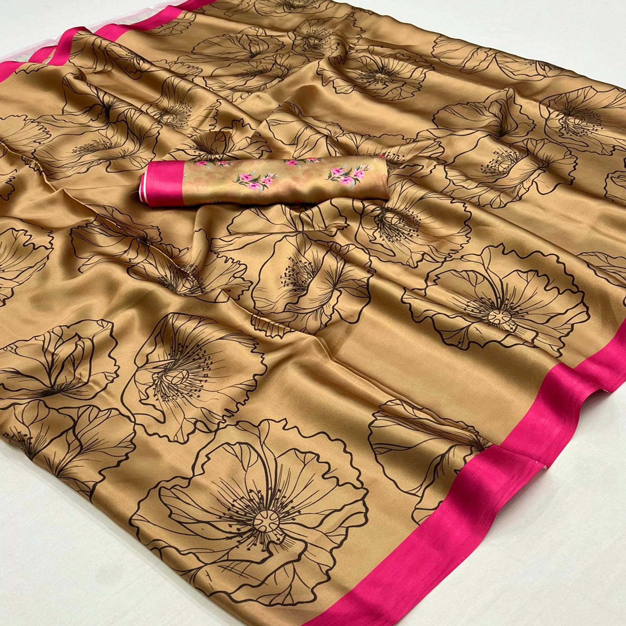 Chikoo Digital Printed Satin Saree