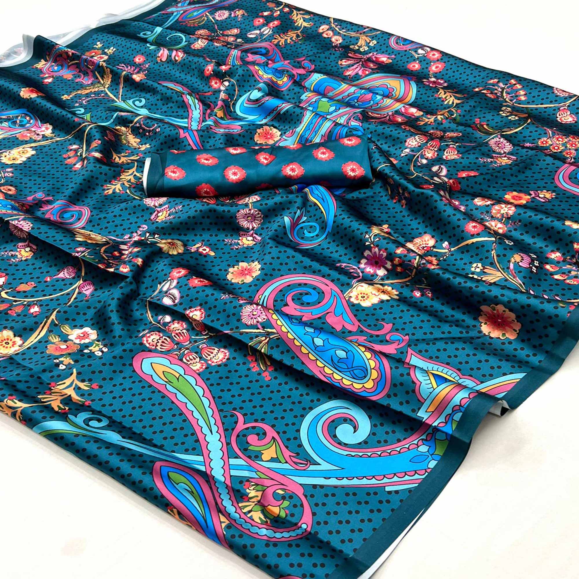 Teal Blue Digital Printed Satin Saree