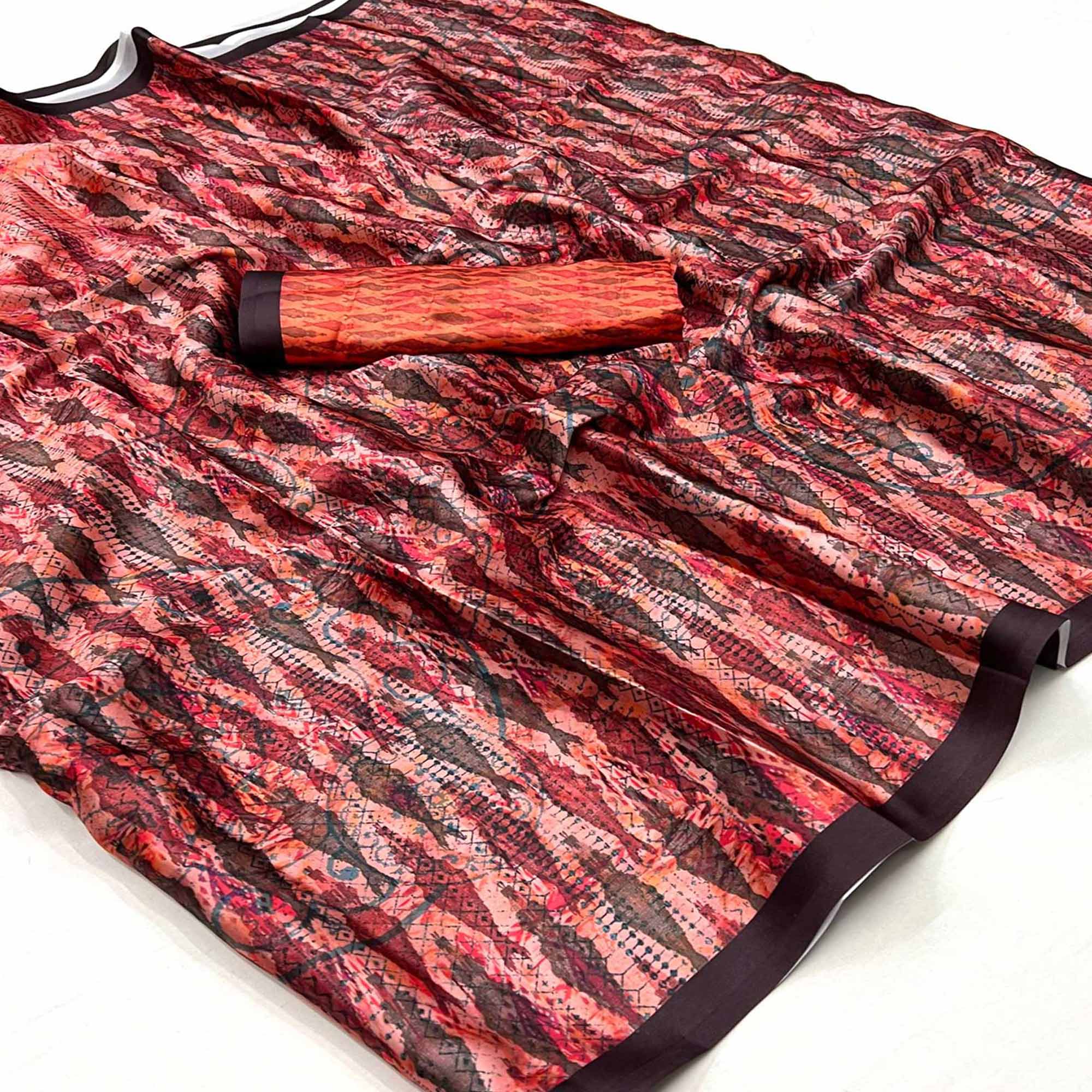 Peach Digital Printed Satin Saree