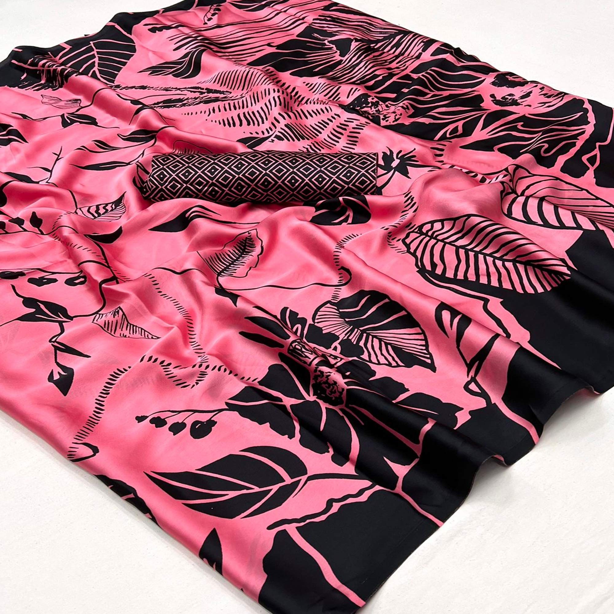 Pink Printed Satin Saree