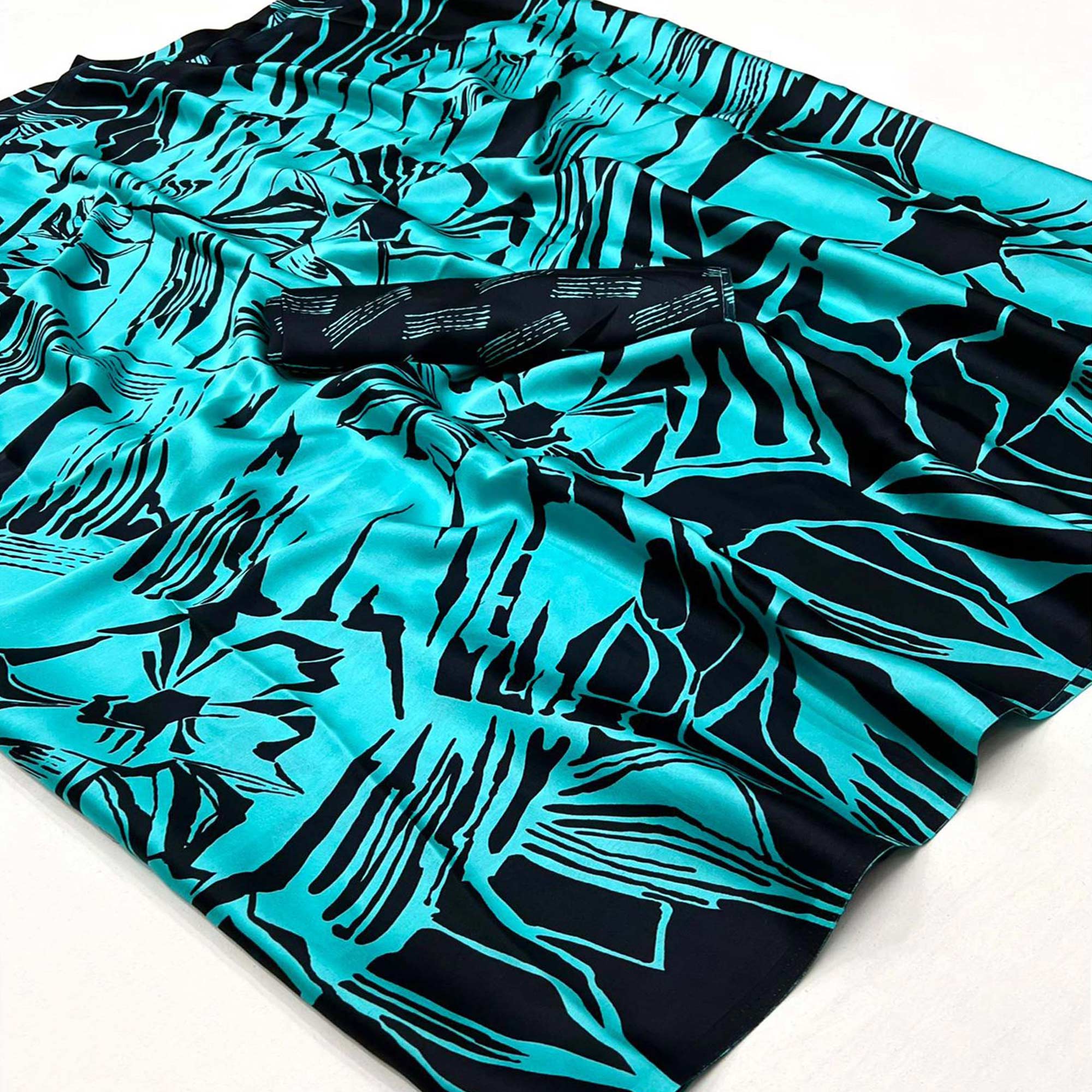 Turquoise Printed Satin Saree