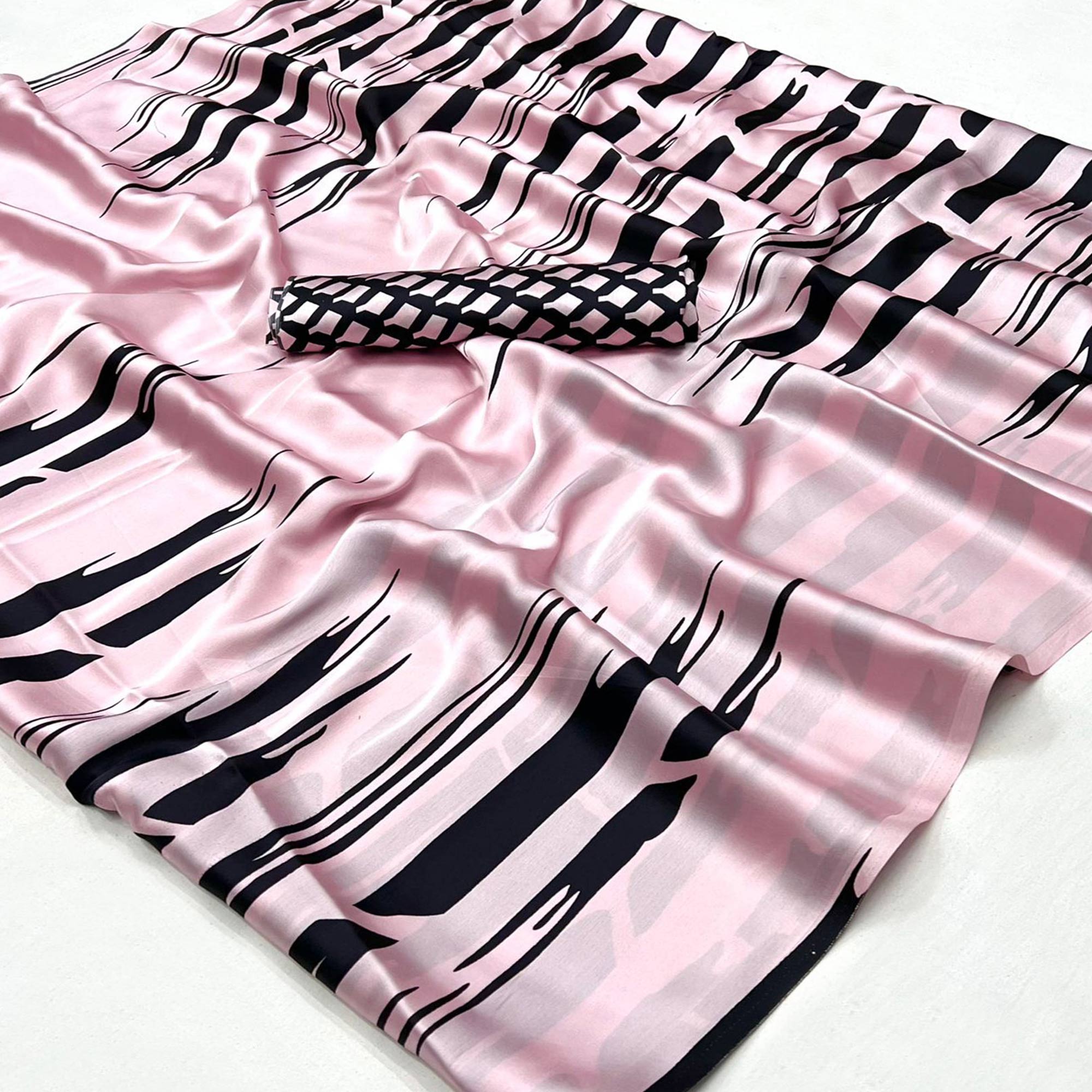 Pink Printed Satin Saree