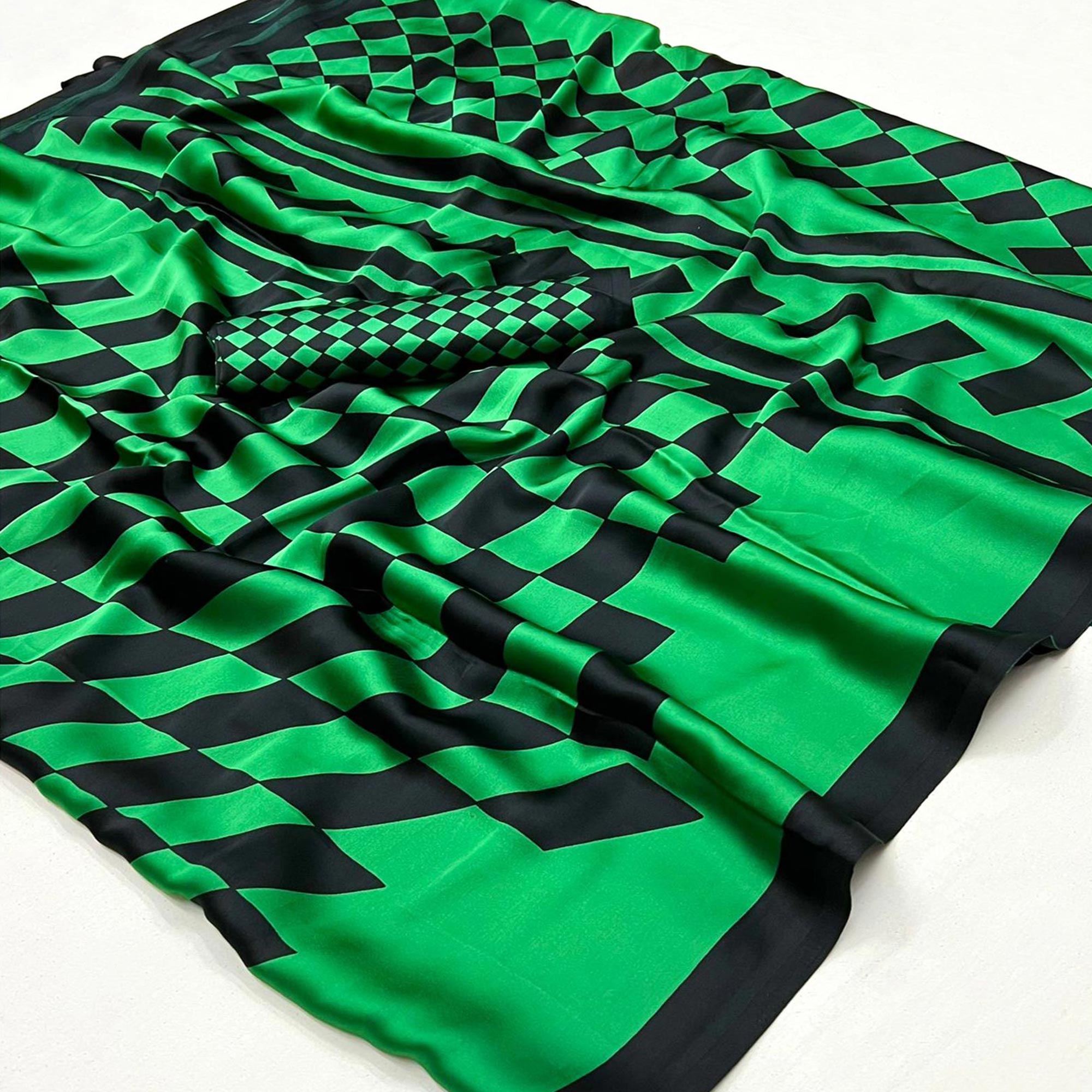 Green Printed Satin Saree