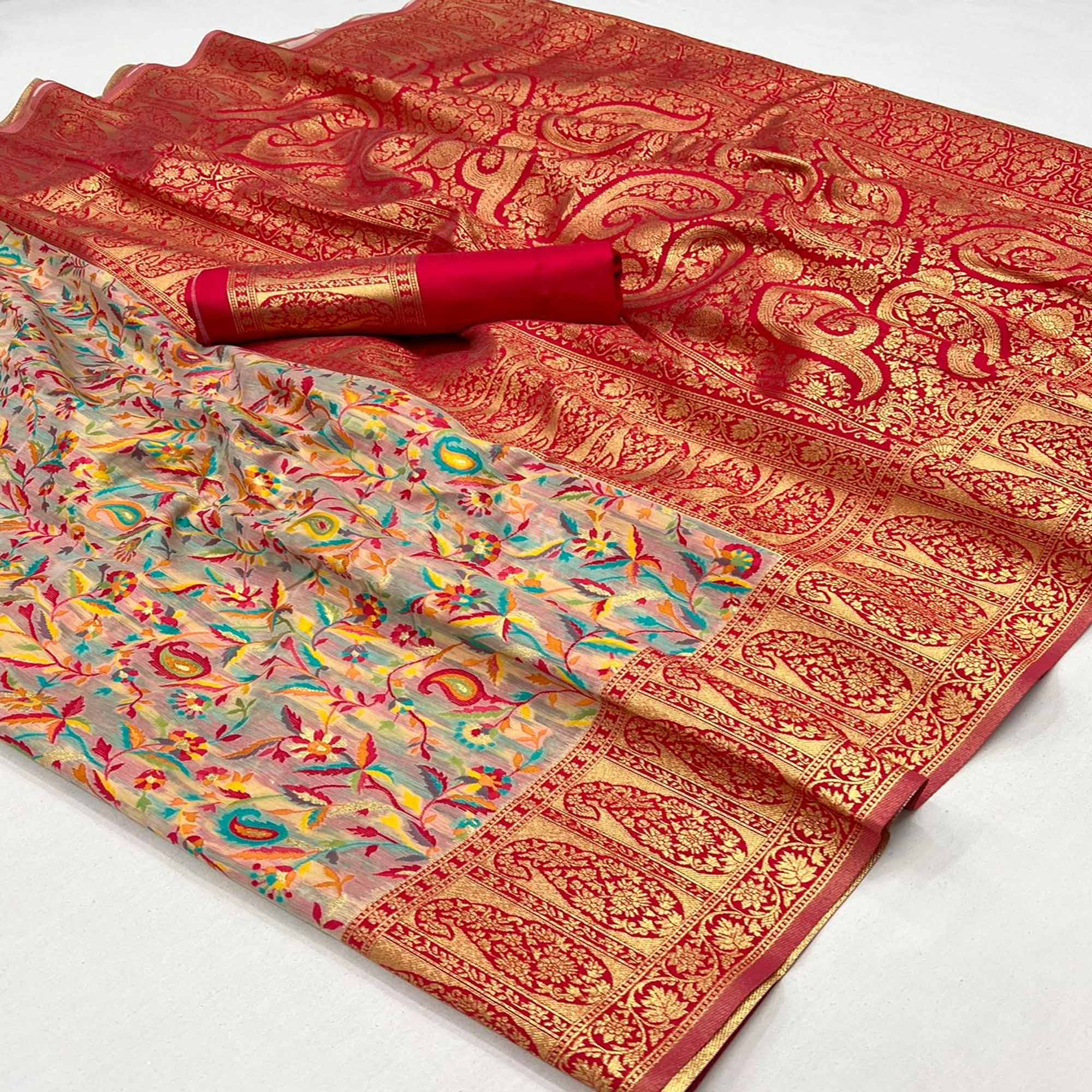 Off White Floral Woven Chanderi Silk Saree