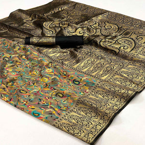 Grey Floral Woven Chanderi Silk Saree