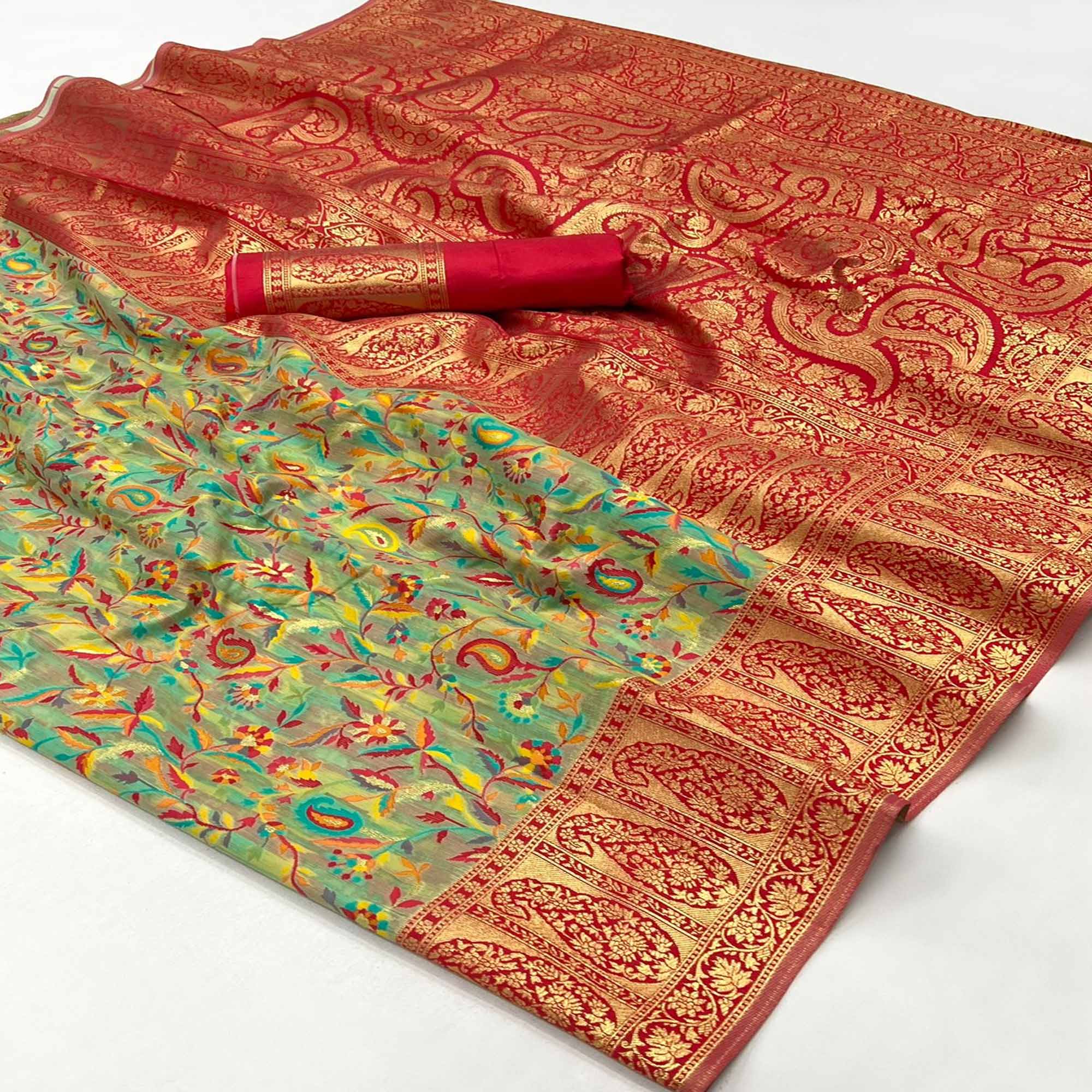 Pista Green Floral Woven Chanderi Silk Saree