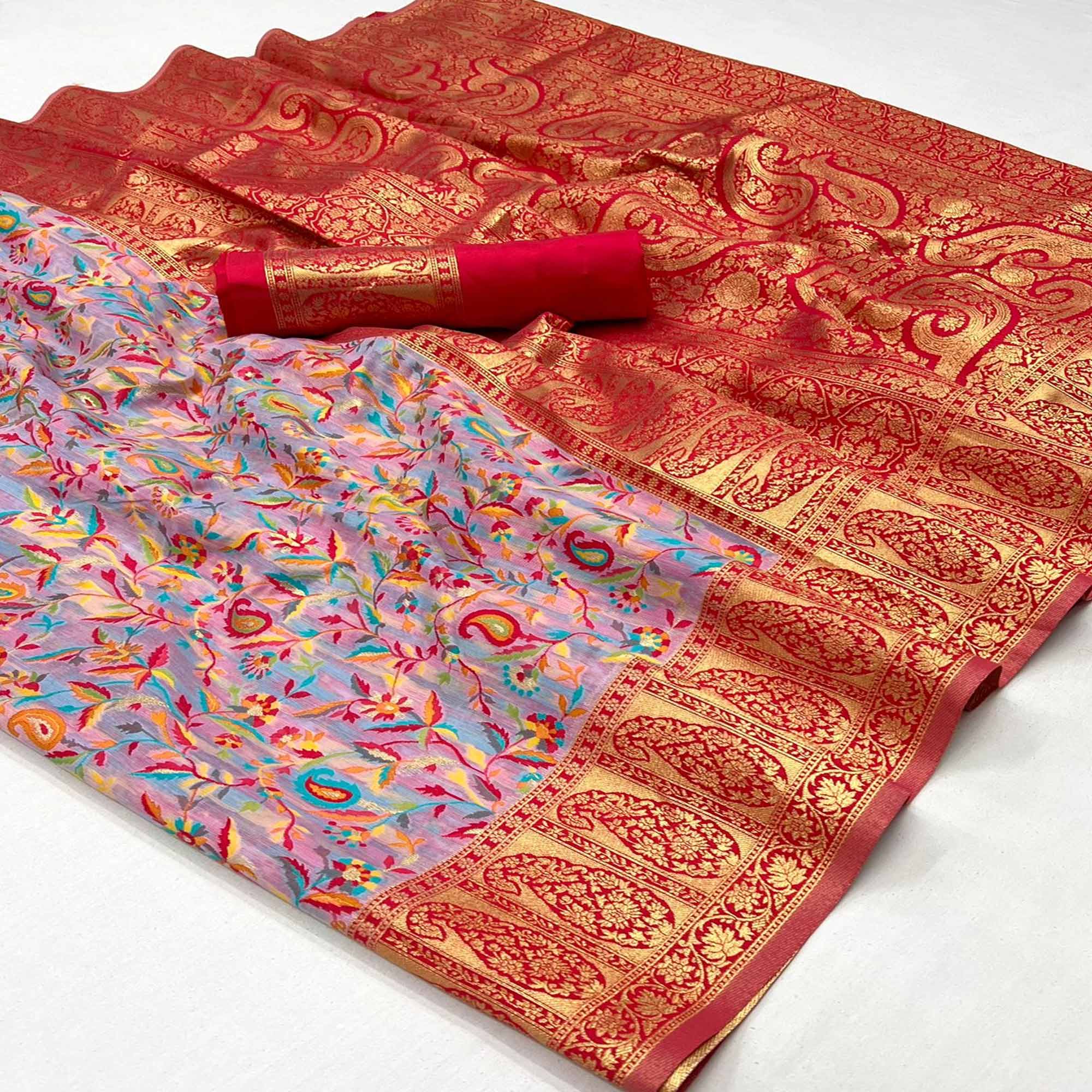 Pink Floral Woven Chanderi Silk Saree