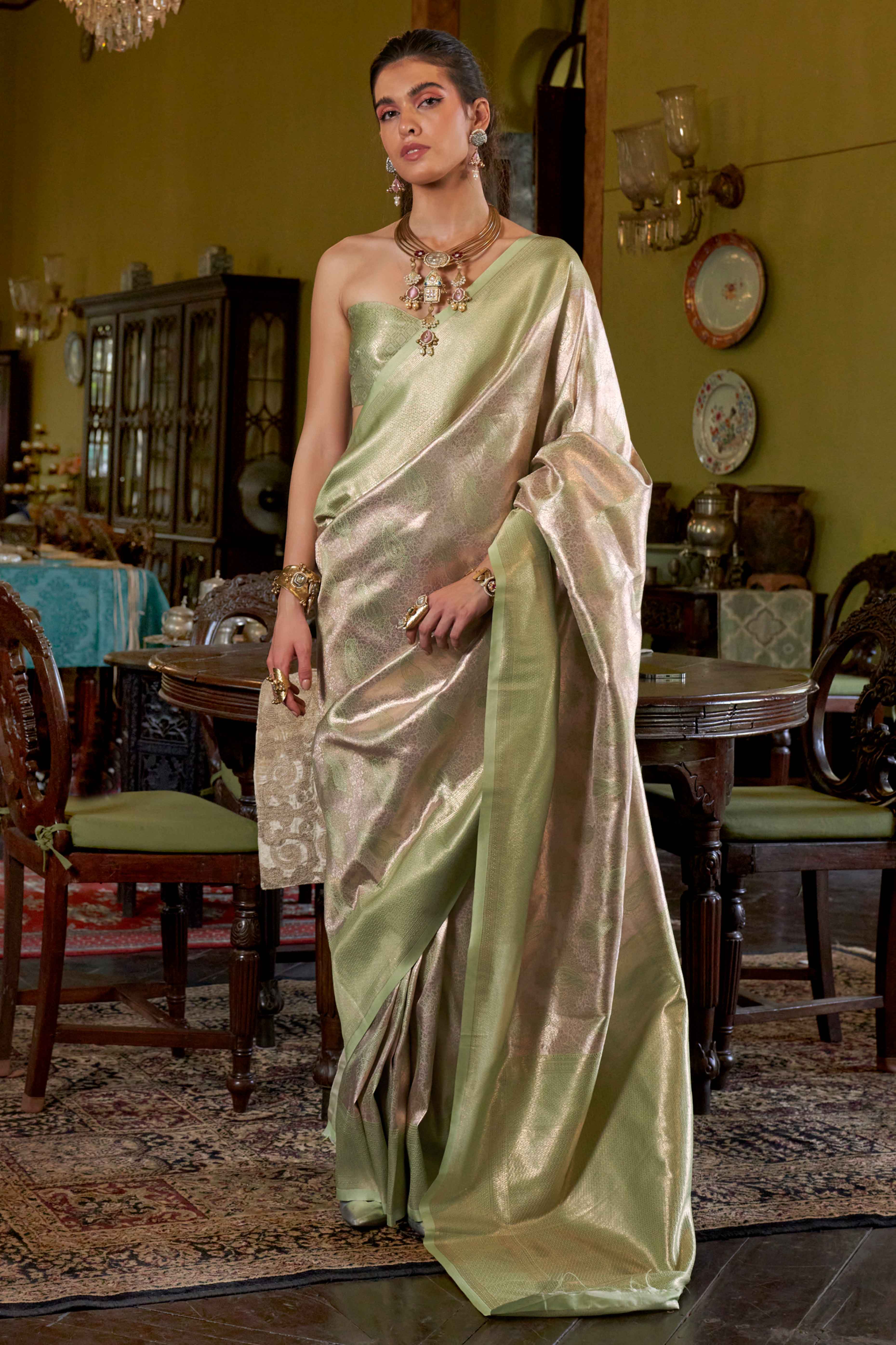 Green Kanjivaram Saree in Lustrous Silk with Exquisite Zari Weaving