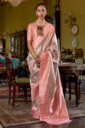 Peach Kanjivaram Saree in Lustrous Silk with Exquisite Zari Weaving