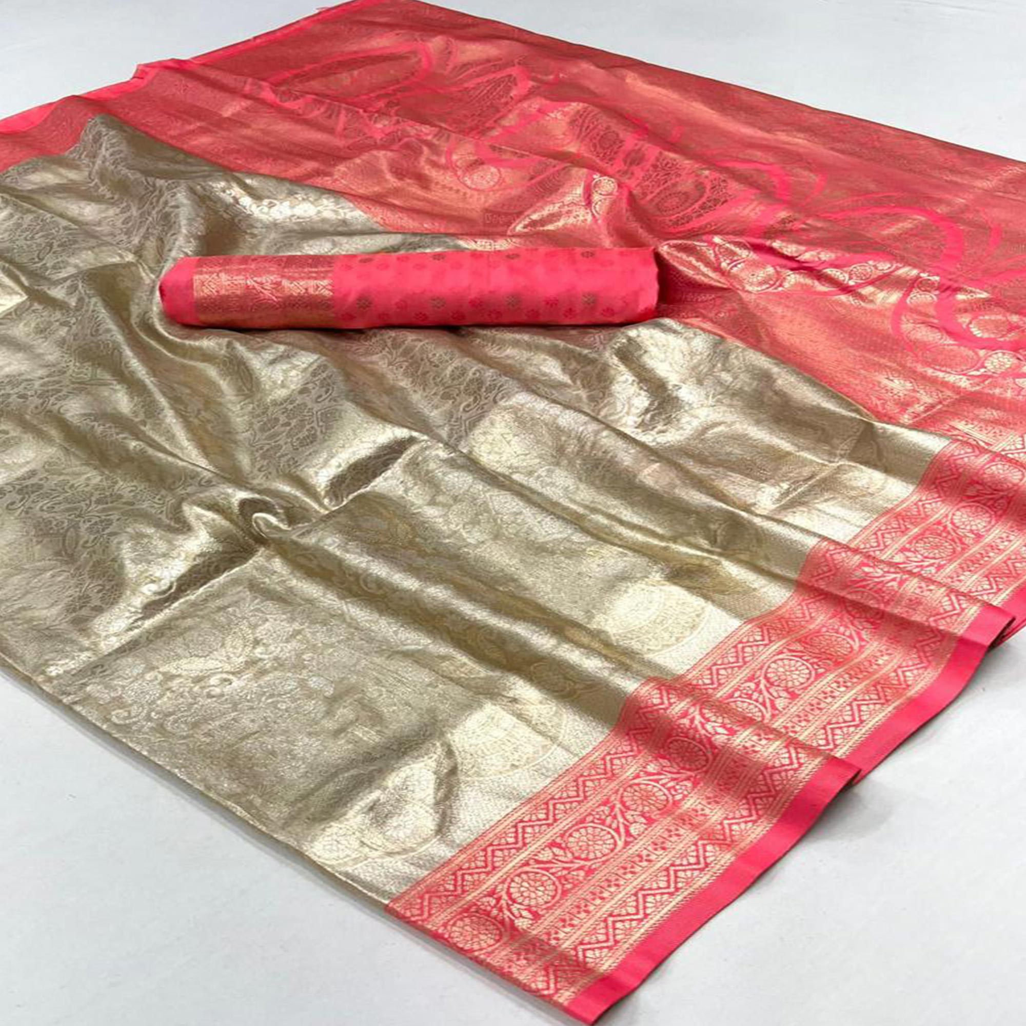 Peach Floral Woven Kanjivaram Silk Saree