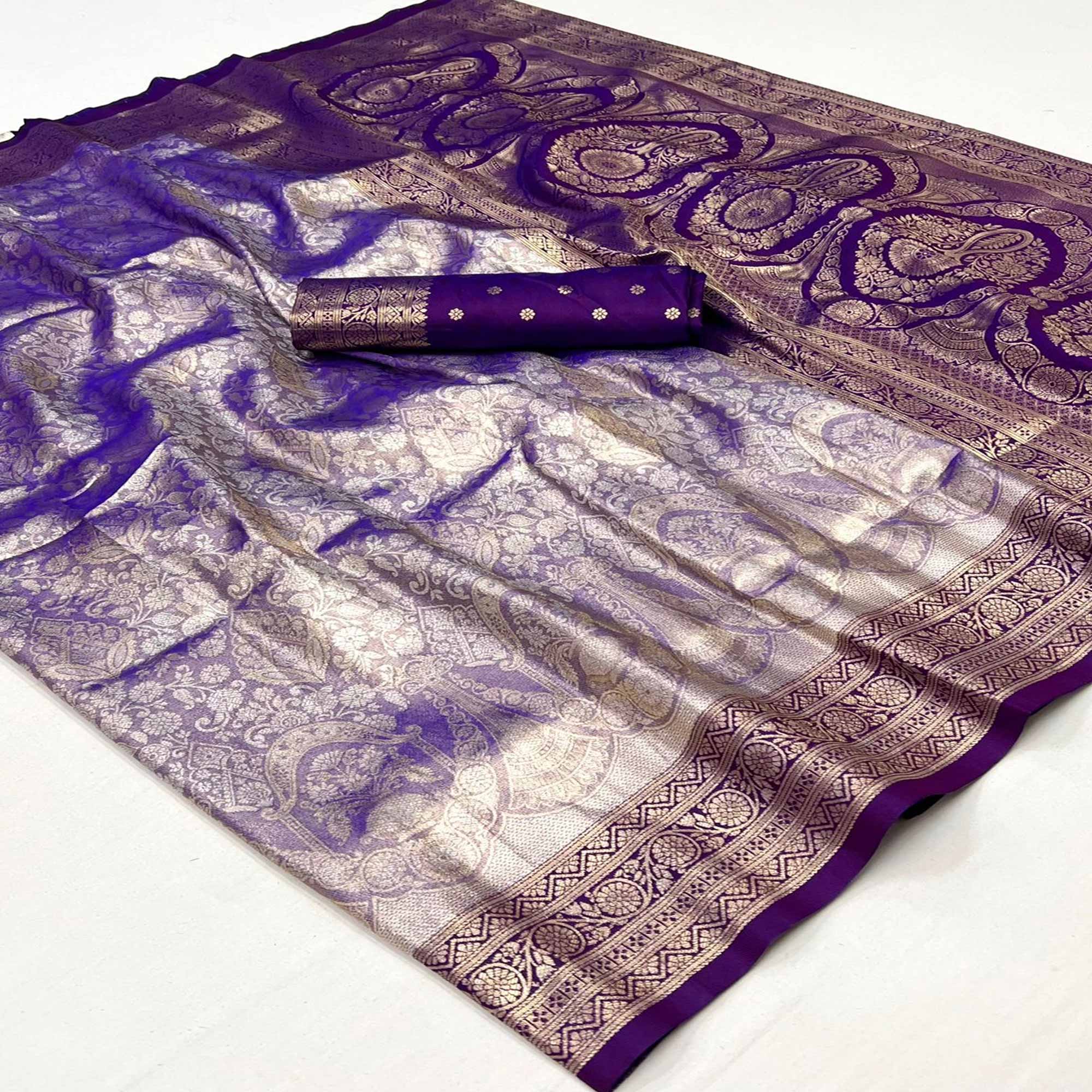 Purple Floral Woven Kanjivaram Silk Saree
