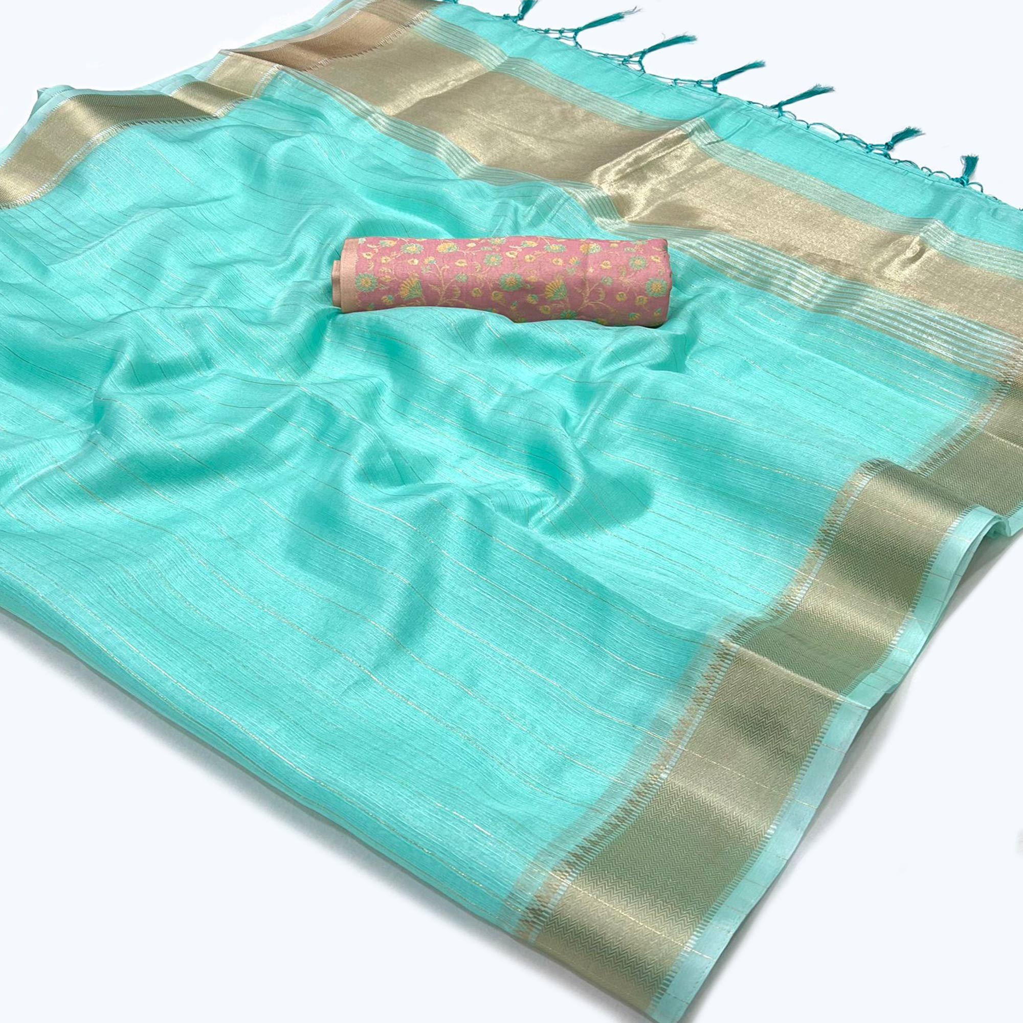 Turquoise Woven Zari Chiffon Saree